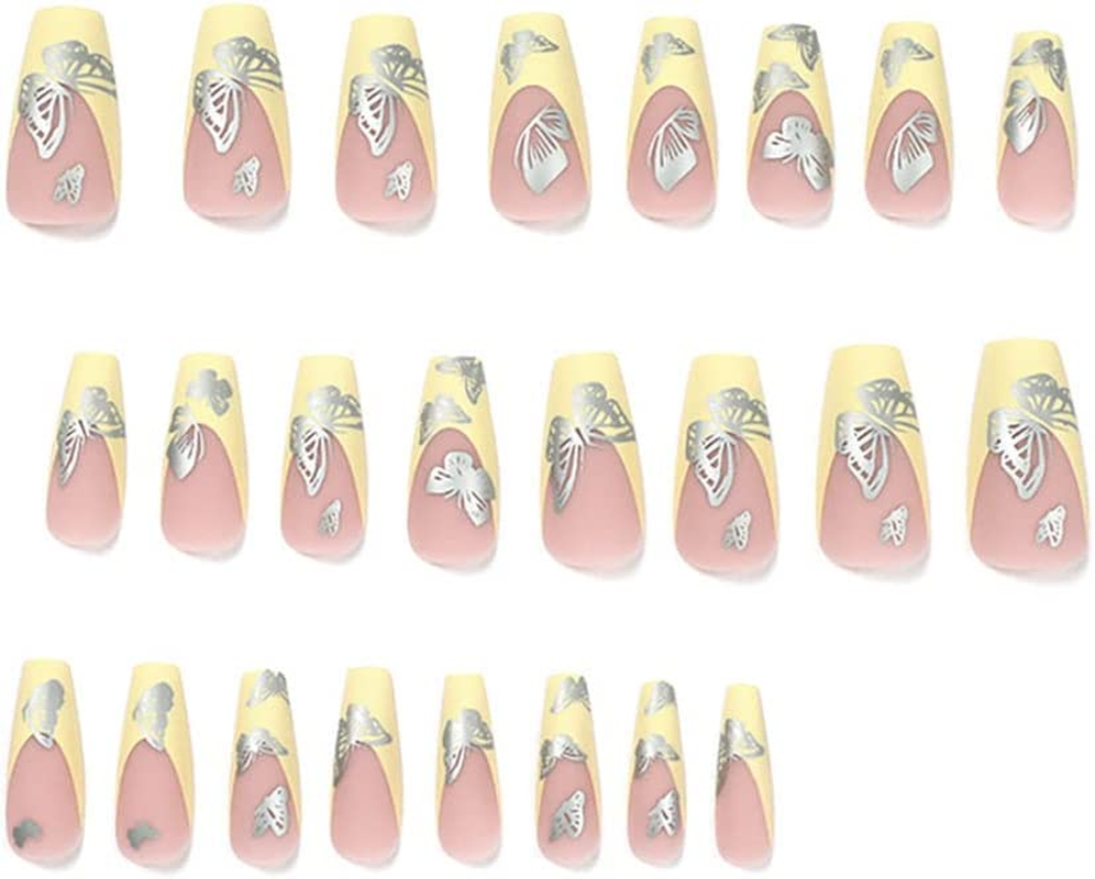 Yellow Ballerina Nails 24Pcs Matte False Nails Extra Long Press for French with Exquisite Butterfly Design Full Cover Fake Nails for Women and Girls image number 3