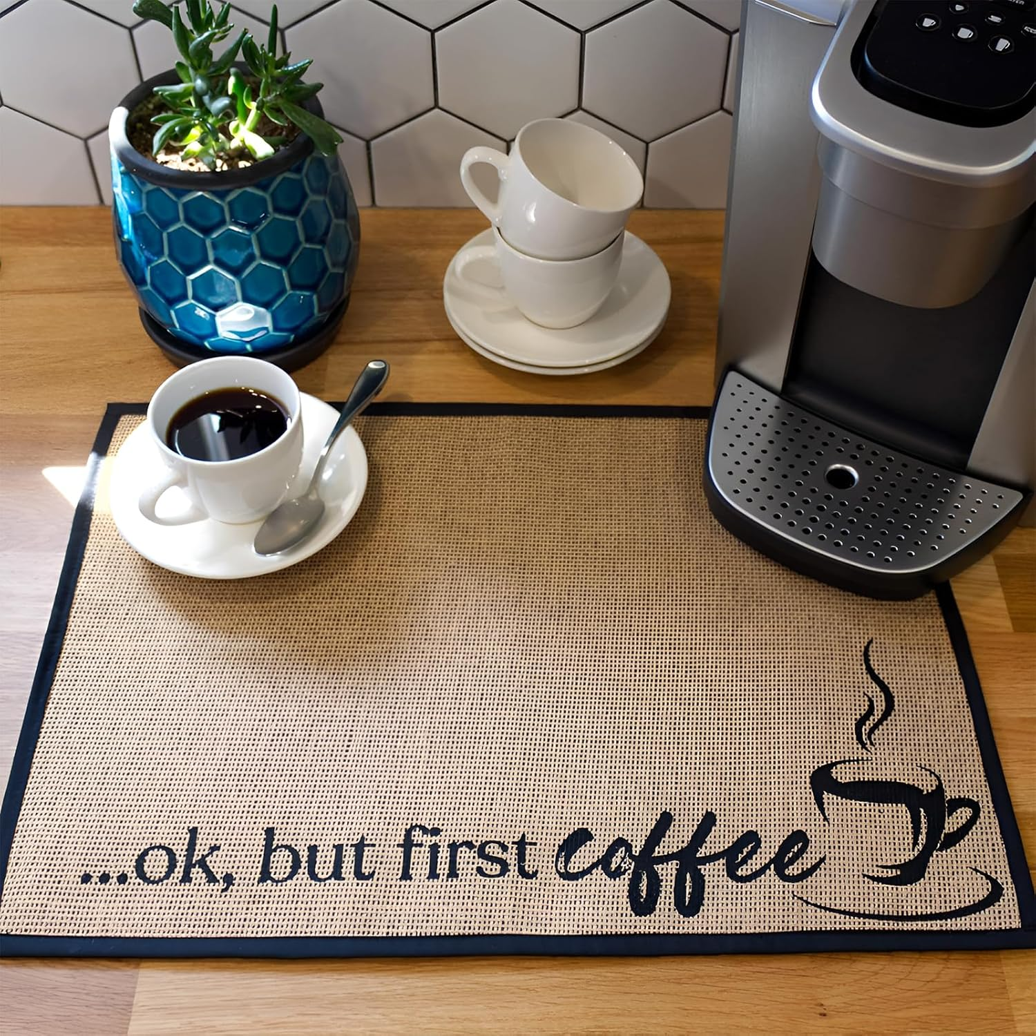 ZGWANSUI 50 X 35.5 Cm Coffee Bar Mat, Large Coffee Mat for Countertop Kitchen Counter, Retro Coffee Pot Table Mat for Coffee Station Maker, Espresso Machine Tea Pad Placemat Bar Accessories, B image number 2