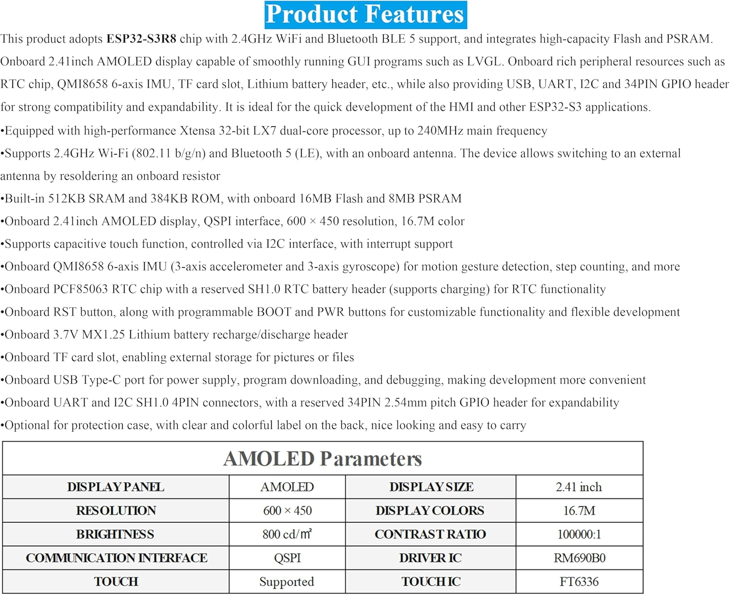ESP32-S3 2.41Inch AMOLED Capacitive Touch Display Development Board, 600X450 Resolution 16.7M Colors, 32-Bit LX7 Dual-Core Processor, Support Wi-Fi and Bluetooth 5, Rich Interfaces (With Case) image number 3