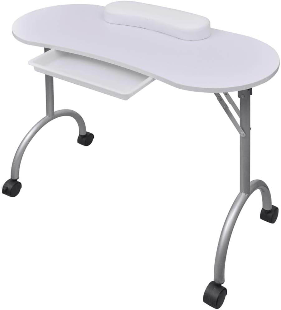 Vidaxl Professional Portable Manicure Table with Wrist Cushion, Pull-Out Drawer, Lockable Castors and Carrying Bag - White