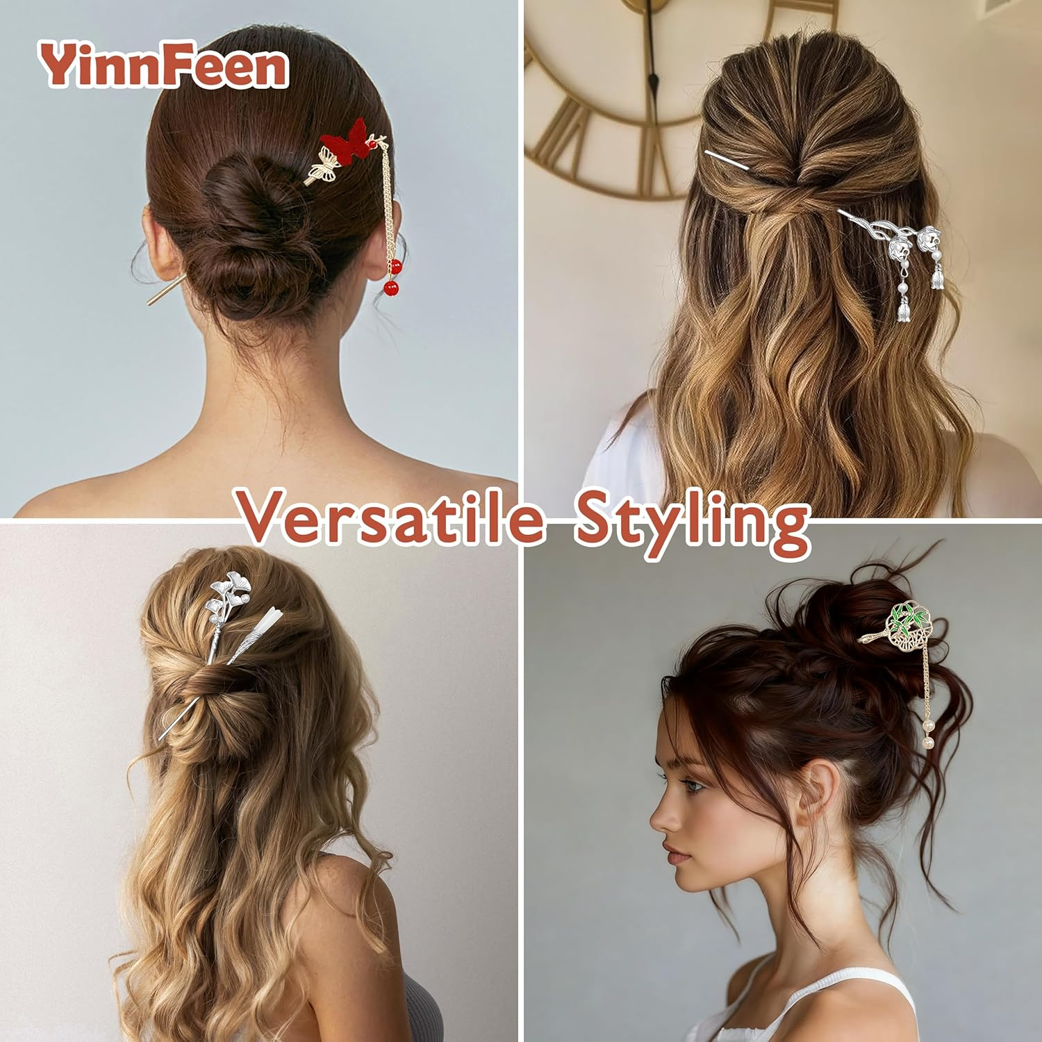 Yinnfeen 10 Pcs Chinese Hair Stick, Silver and Gold Vintage Hair Chopsticks, Retro Chinese Hanfu Hair Pin Flower Butterfly Dangle Tassel Hair Stick for Women Hair Styling Accessories image number 1