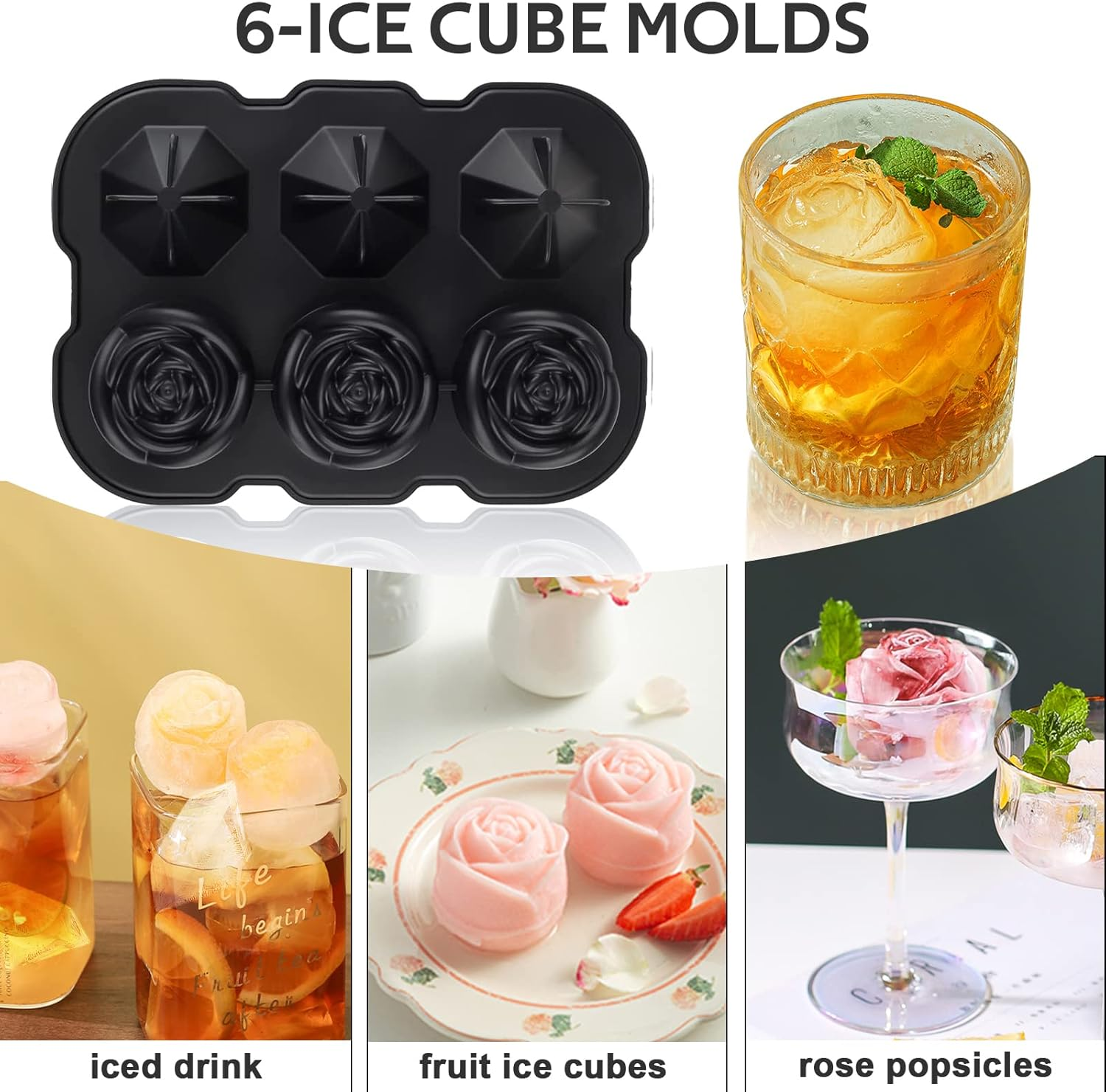 2 Inch Rose & Diamond Ice Cube Tray, 3 Cavity Silicone Rose & Diamond Ice Ball Maker, Easy Release Large Ice Cube Form for Chilled Cocktails, Whiskey, Black, 1 Piece image number 5