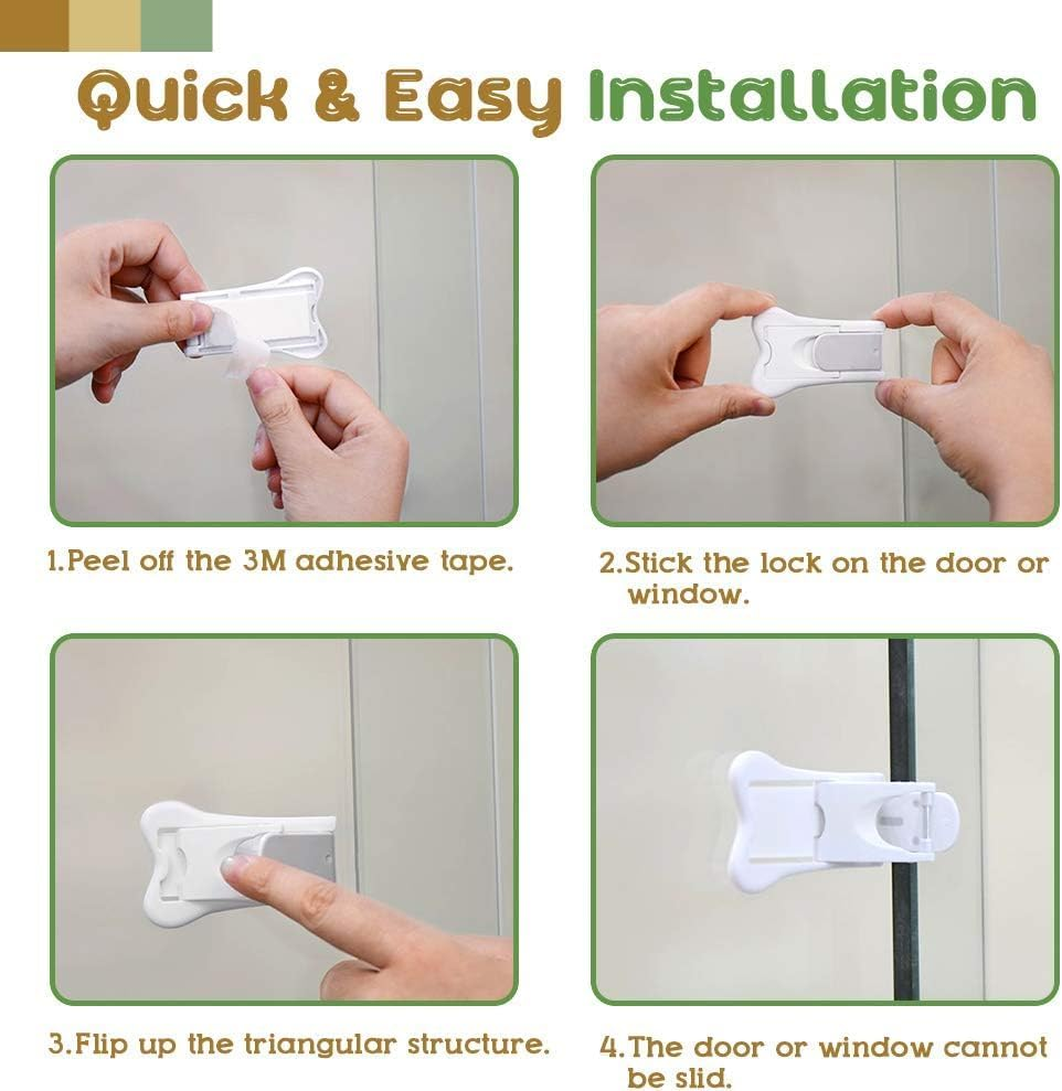4 Pack Child Safety Sliding Door Locks White Childproof Bathroom Patio Kitchen Shutters Closets Windows Sliding Door Lock, No Screws or Drills image number 6