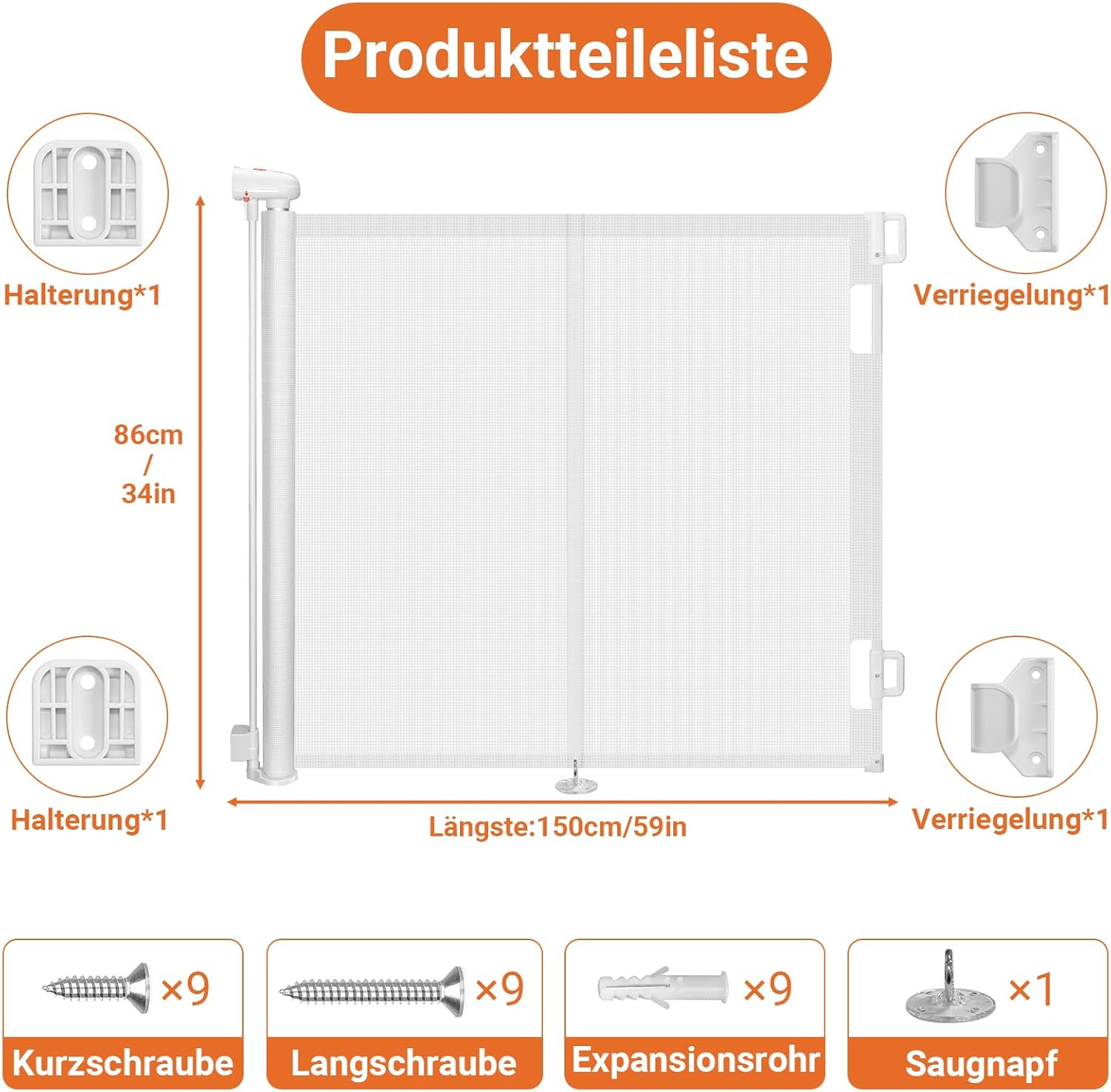 Ycozy 150Cm Retractable Baby Gate for Pet Child with Reinforced Bar Design to Prevent Crawling through 86Cm Tall Mesh Dog Safety Gate for Stairs Doorways Indoor image number 2