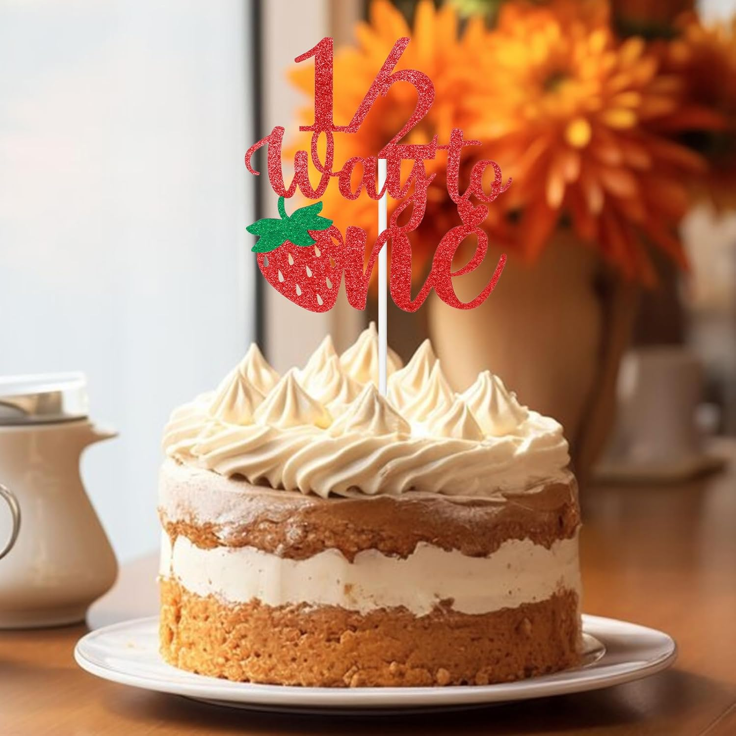 Strawberry Half Birthday Cake Topper, Berry Sweet 6 Months Celebration, Glitter Cake Pick, Happy Birthday Decorations image number 1