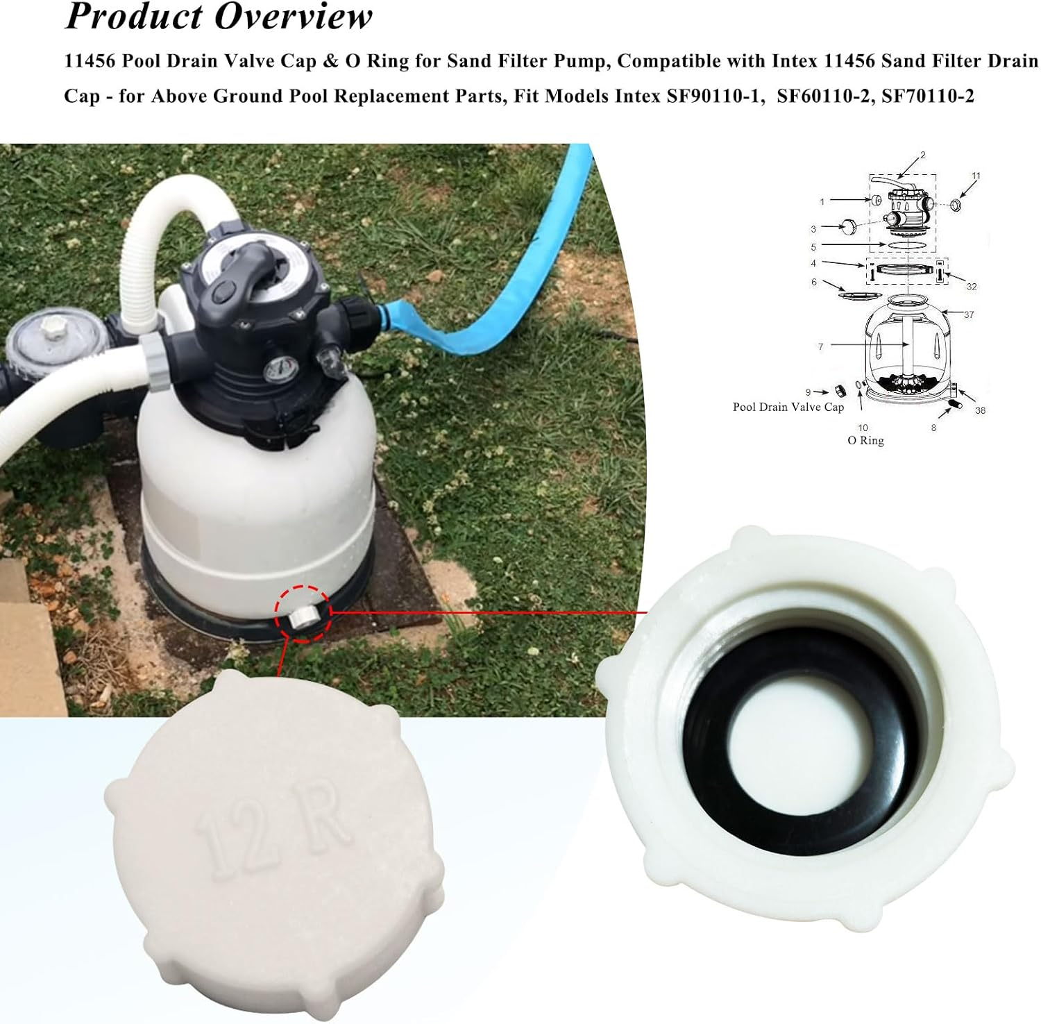 Drain Valve Cap Compatible with Intex Pools 11456 & 11385 Sand Filter Drain Cap with O-Ring for above Ground Pool, Drain Plug Cap for Sand Filter Pumps and Combo Replacement Parts,Sf90110-1,Sf60110-2 image number 6