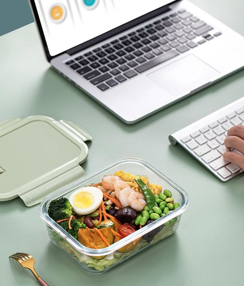 Square Glass Food Storage Containers, 4 Pack 23Oz/0.68L Glass Meal Organizers with Airtight Lids, for Lunch Sandwich Fruit Snack, Dishwasher Microwave Freezer Safe (Green and Pink) - Green image number 3