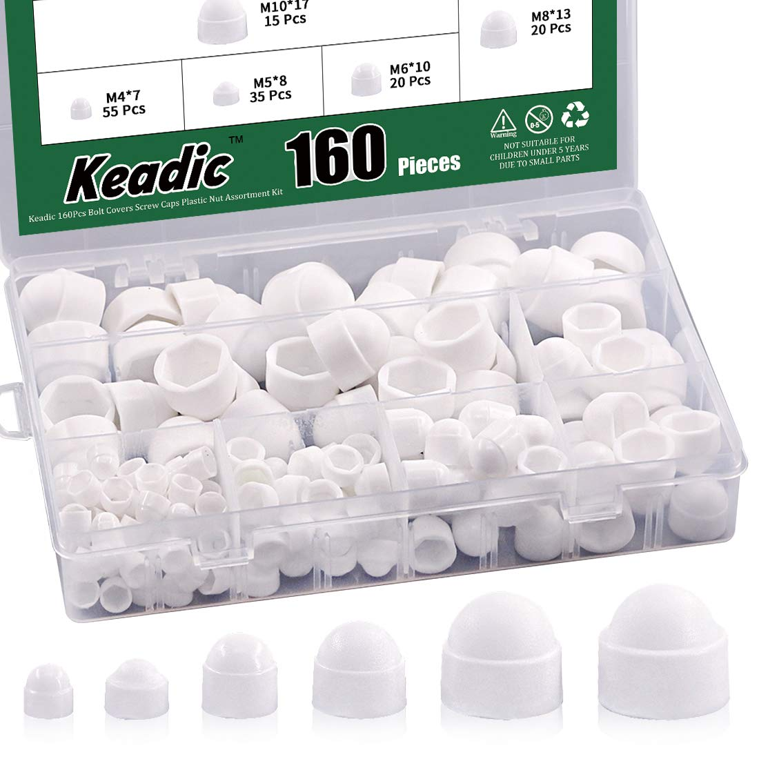 Keadic 160Pcs Bolt Covers Screw Caps Plastic Nut Assortment Kit with Organizer Box, M4 M5 M6 M8 M10 M12 Durable Nylon Insert Locknut for Matching Screws or Bolts, White image number 5