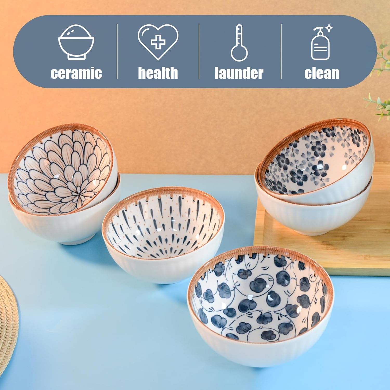 6 Pack Ceramic Bowls, Japanese Style, 10 Ounces Thickening Blue and White Porcelain Rice/Cereal Bowls for Kitchen, Suitable for Microwave, Ovens, Dishwashers (Mixing) image number 3