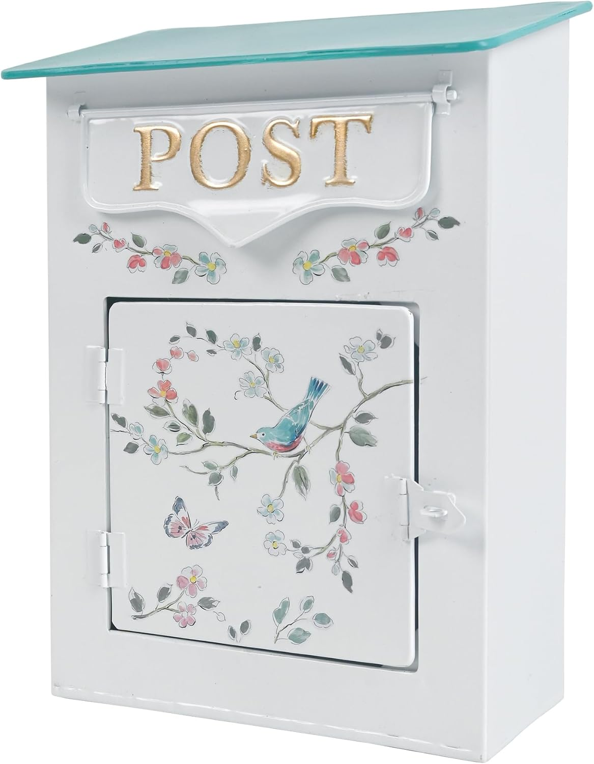 Z&sup2; Belladecor Mailbox Wall Mount Mailboxes for outside Vintage Mail Boxes for House outside Metal Drop Box Antique Style Nostalgic Charm Home Decorative, Butterfly Pattern, White