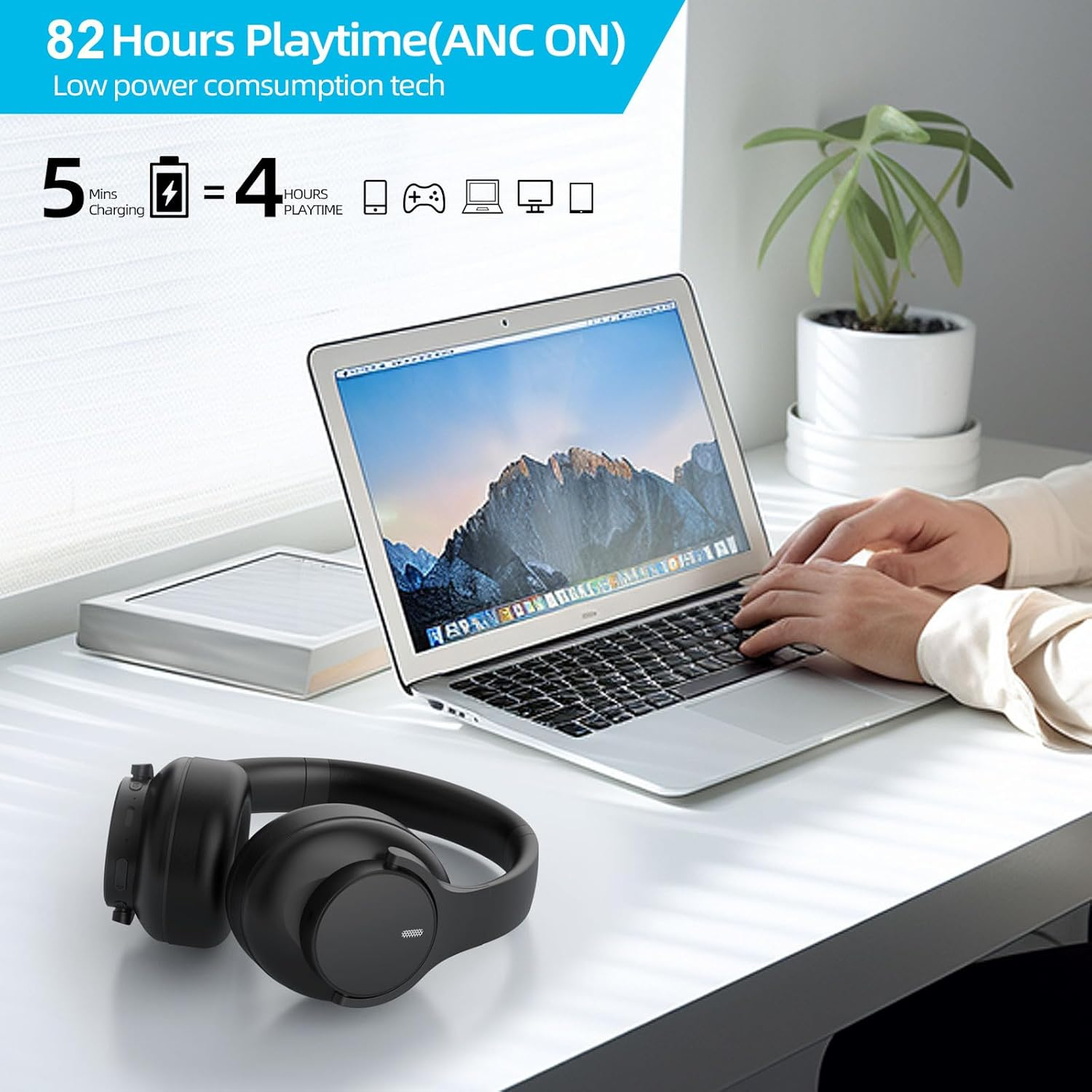 Elzle Bluetooth Headphones over Ear, 82 Hours Playtime, Bluetooth 5.4 Caution Foldable Headphones with Built-In Microphone, Wired/Wireless Foldable Headphones, for Travel/Study/Office - Black image number 2