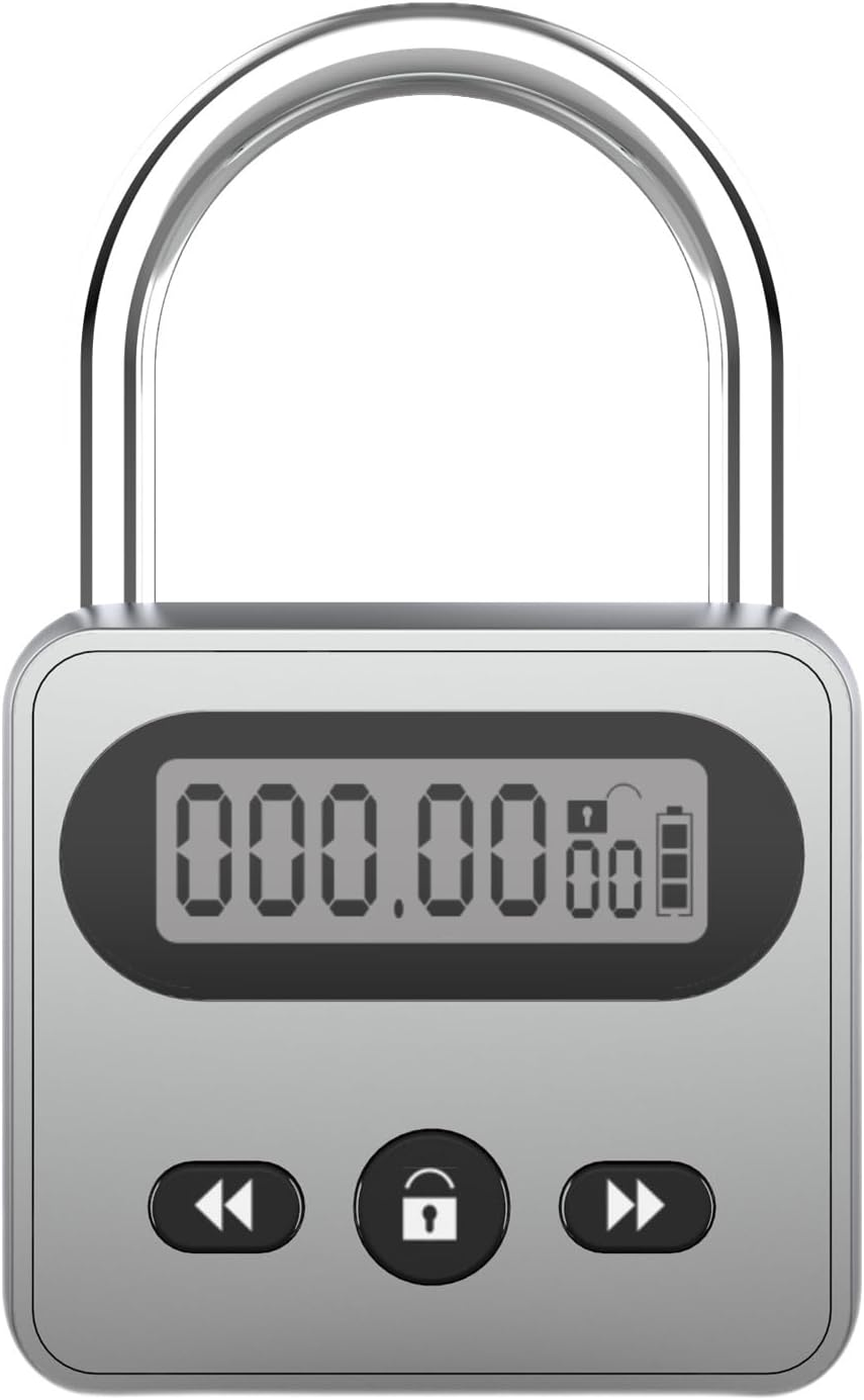 Meichoon Metal Timer Lock Stainless Steel Multi-Function Intelligent Padlock Backlit Display 999 Hours Max Timing for Preventing Addiction and Bad Habits Silver