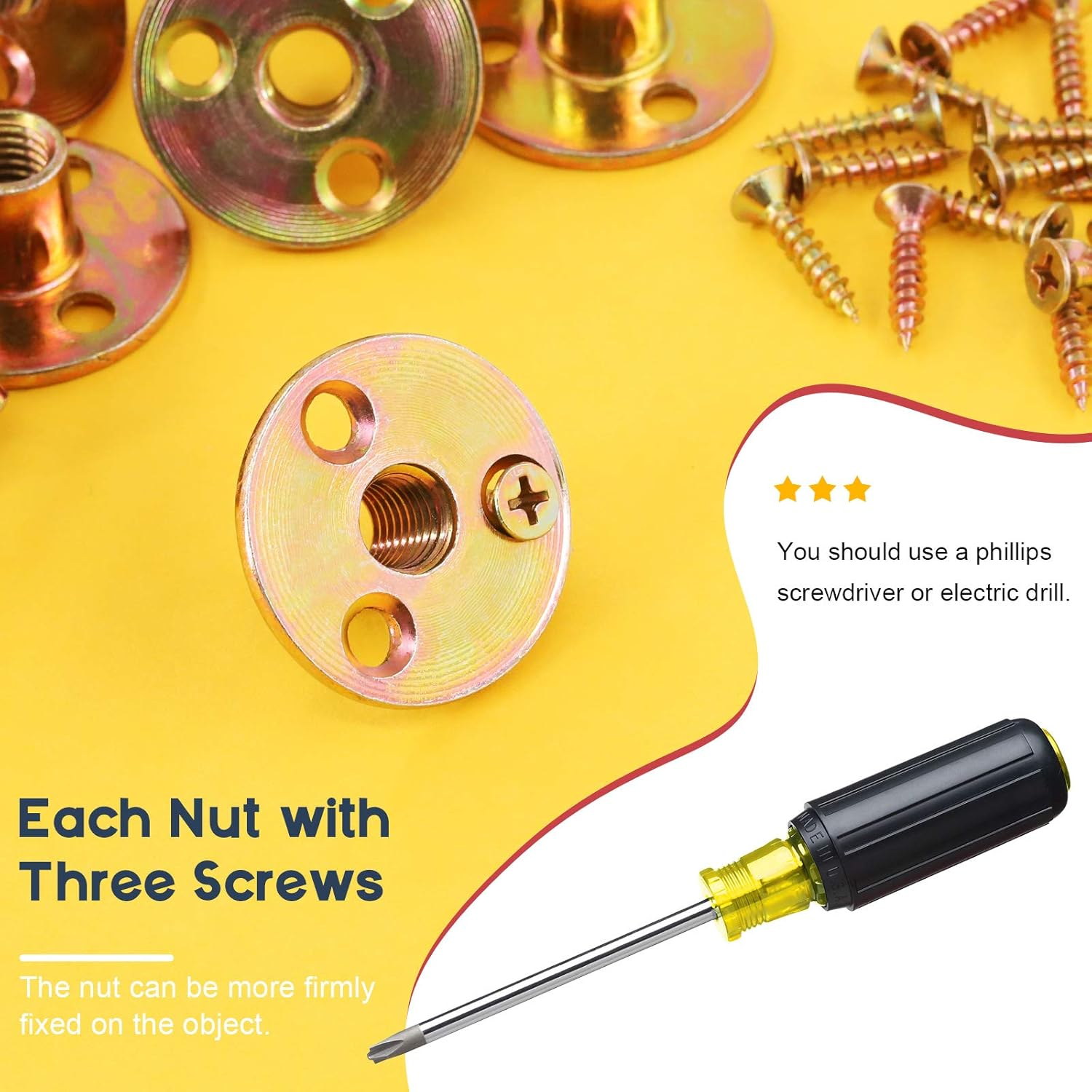 Hilitchi 64Pcs M10 Brad Hole Tee Nut Carbon Steel Screw in T Nuts round Base Mounting Hardware Fitting Fastener Flange Insert Female Thread with Screws (M10-64PCS)