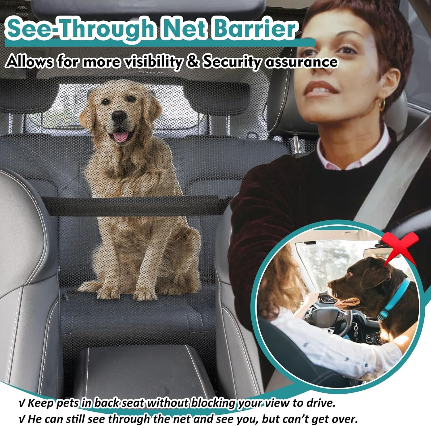 Dog Car Barrier Escape-Proof, 50" Wide Car Divider for 2Nd 3Rd Row Seats & Cargo Area, Durable Back Seat Car Gate Trunk Barrier with See through Net Mesh for Small Trucks & SUV & Mid-Sized Vehicle image number 4