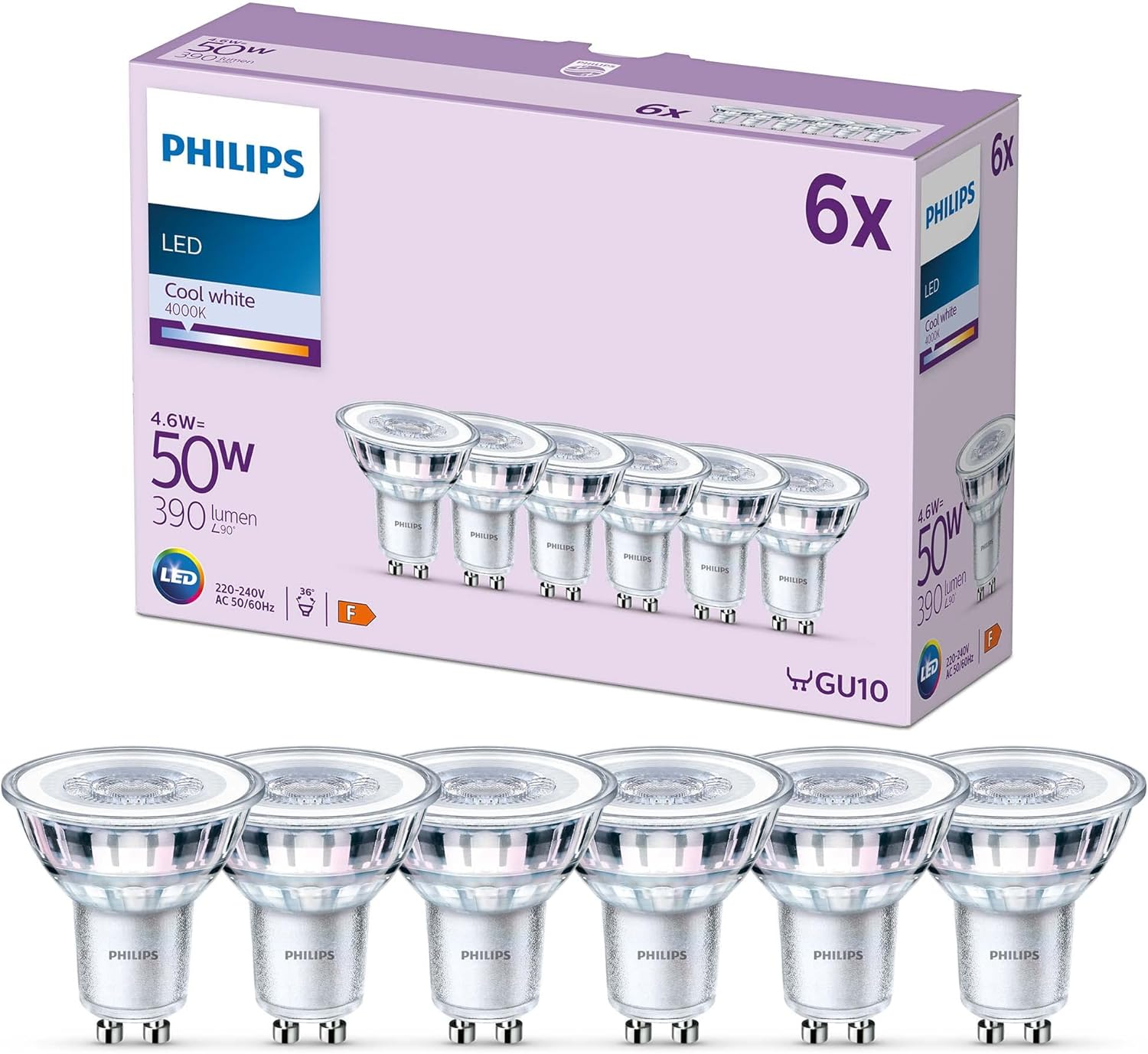 Philips LED Classic Spot Light Bulb 6 Pack [Cool White 4000K - GU10] 50W, Non Dimmable. for Home Indoor Lighting
