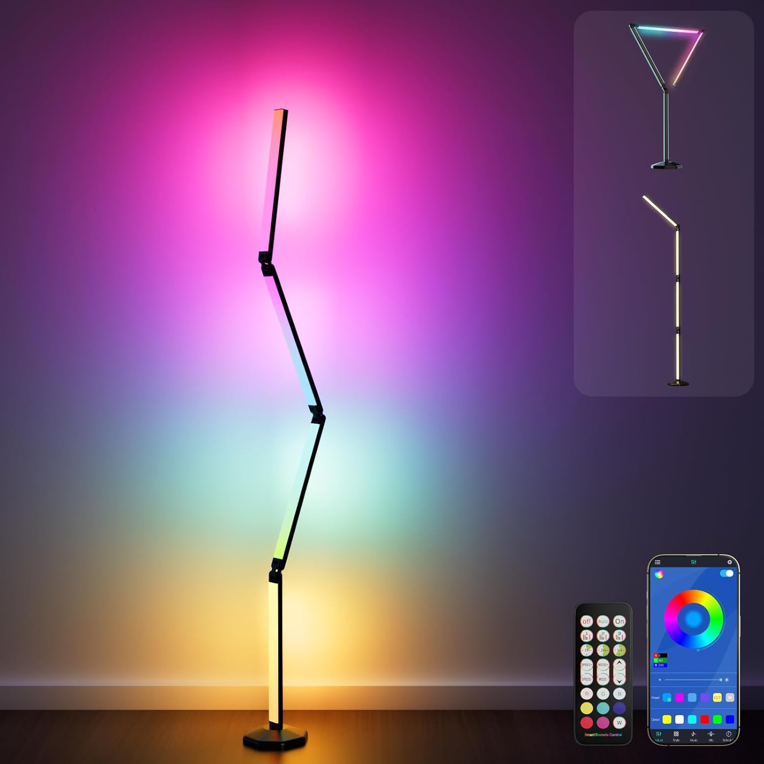 RGB Smart Floor Lamp, 171CM LED Corner Lamp, Modern Floor Lamp with Music Sync and 16 Million DIY Colors, Ambiance Color Changing Standing Lamp for Bedroom Living Room Gaming Room