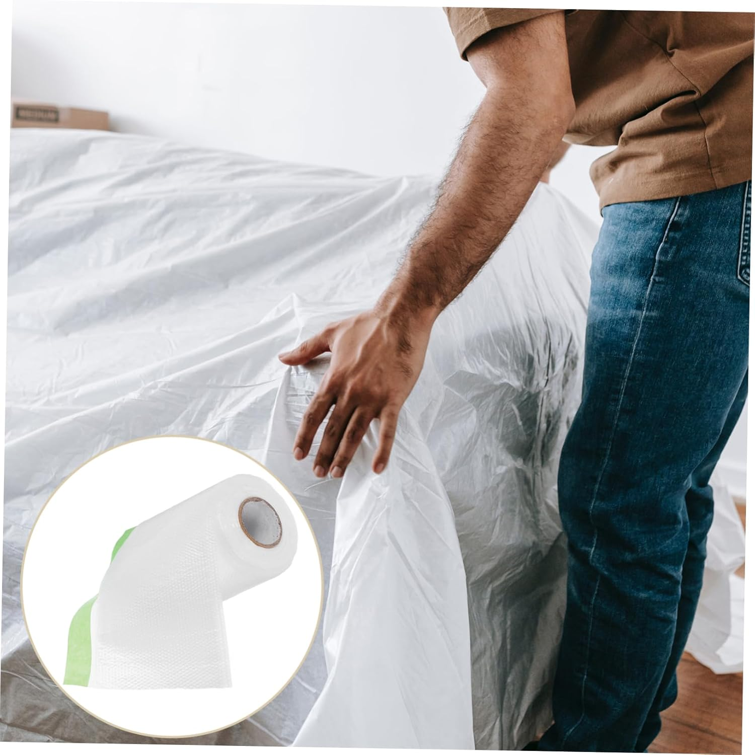 Pre-Taped Weak Adhesive Masking Film 55Cm X 20M Plastic Protective Cover for Automotive Painting, Furniture and Wall Surface Dust Protection, Low Residue Paint Masking Sheeting image number 2