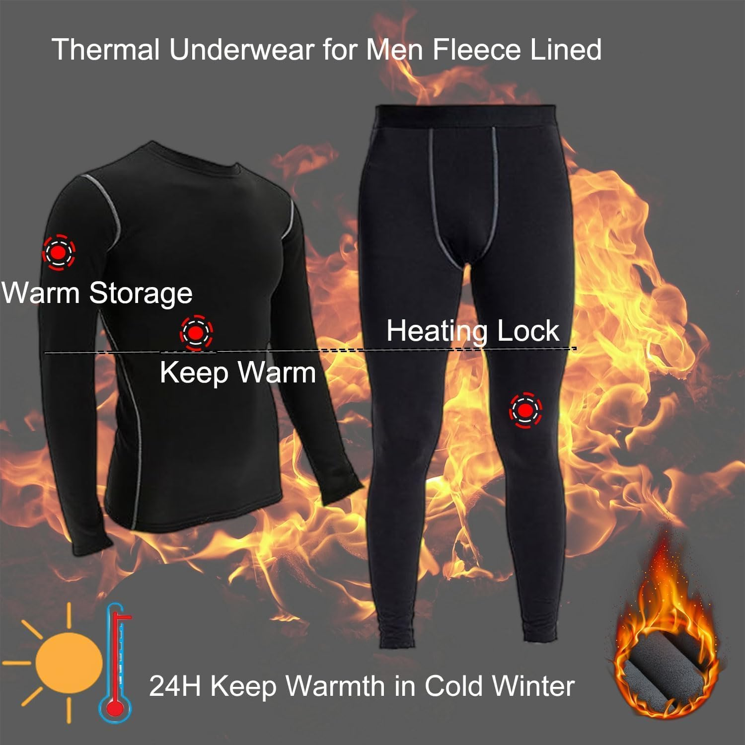 YUSHOW Mens Thermal Underwear Set Long Sleeve Tops Long Johns Thermal Base Layer Fleece Lined Compression Suit for Workout Skiing Running Hiking image number 2