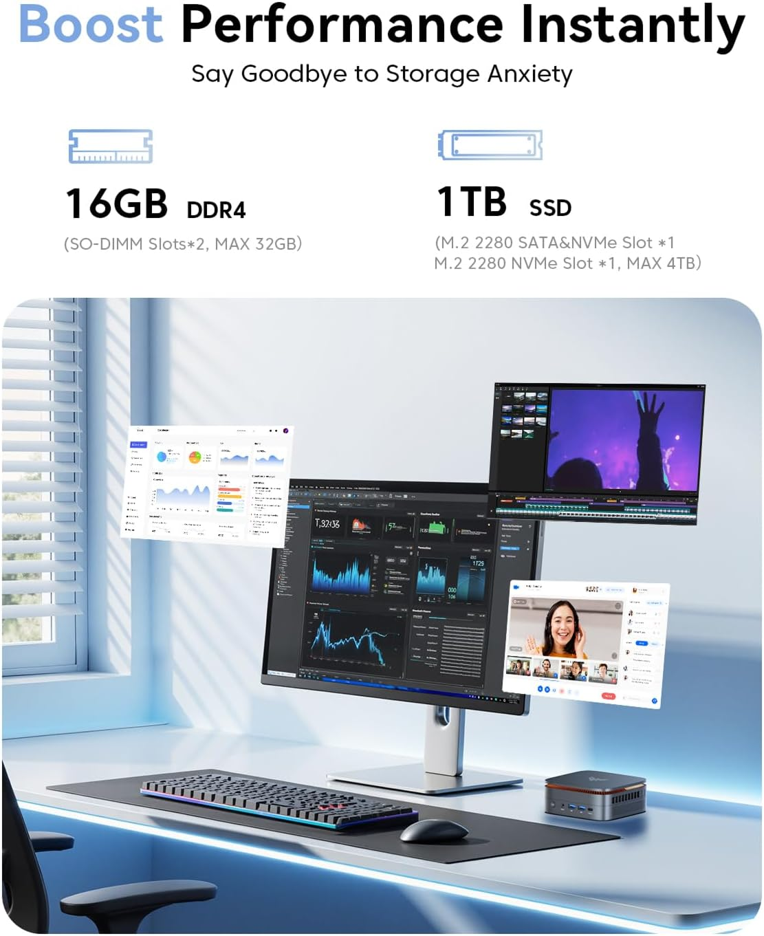 KAMRUI P1 Mini PC AMD Ryzen 3 3300U(Up to 3.5Ghz) 16GB DDR4 1TB SSD Mini PC Win11 Pro Mini Computer 4K@60Hz Triple Display HDMI+DP+USB-C Wifi BT RJ45 LAN VESA Mount Small PC for Home/Business/School image number 2