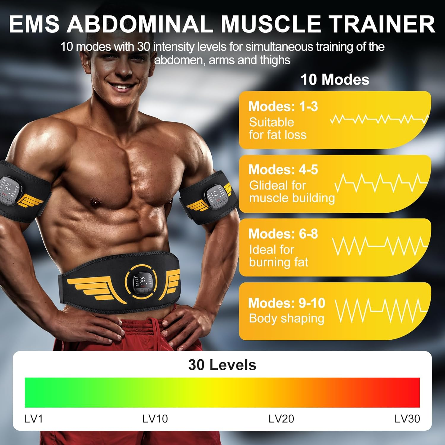 EMS Abdominal Muscle Trainer, Electric Abdominal Muscle Trainer, EMS Training Device with 10 Modes and 30 Intensities, EMS Muscle Stimulation Electric USB Rechargeable Portable for Abdomen, Arms, Leg image number 2
