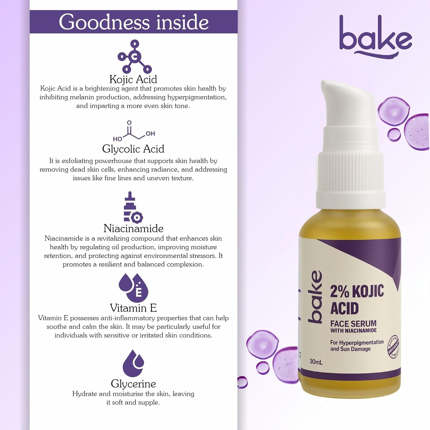 BAKE 2% Kojic Acid Face Serum with 5% Niacinamide & 2% Glycolic Acid for Pigmentation & Dark Spots for Dark Circles, Tan Removal & Sun Damaged Skin Skin Brightening Yellow 30 Ml (Pack of 1) image number 6