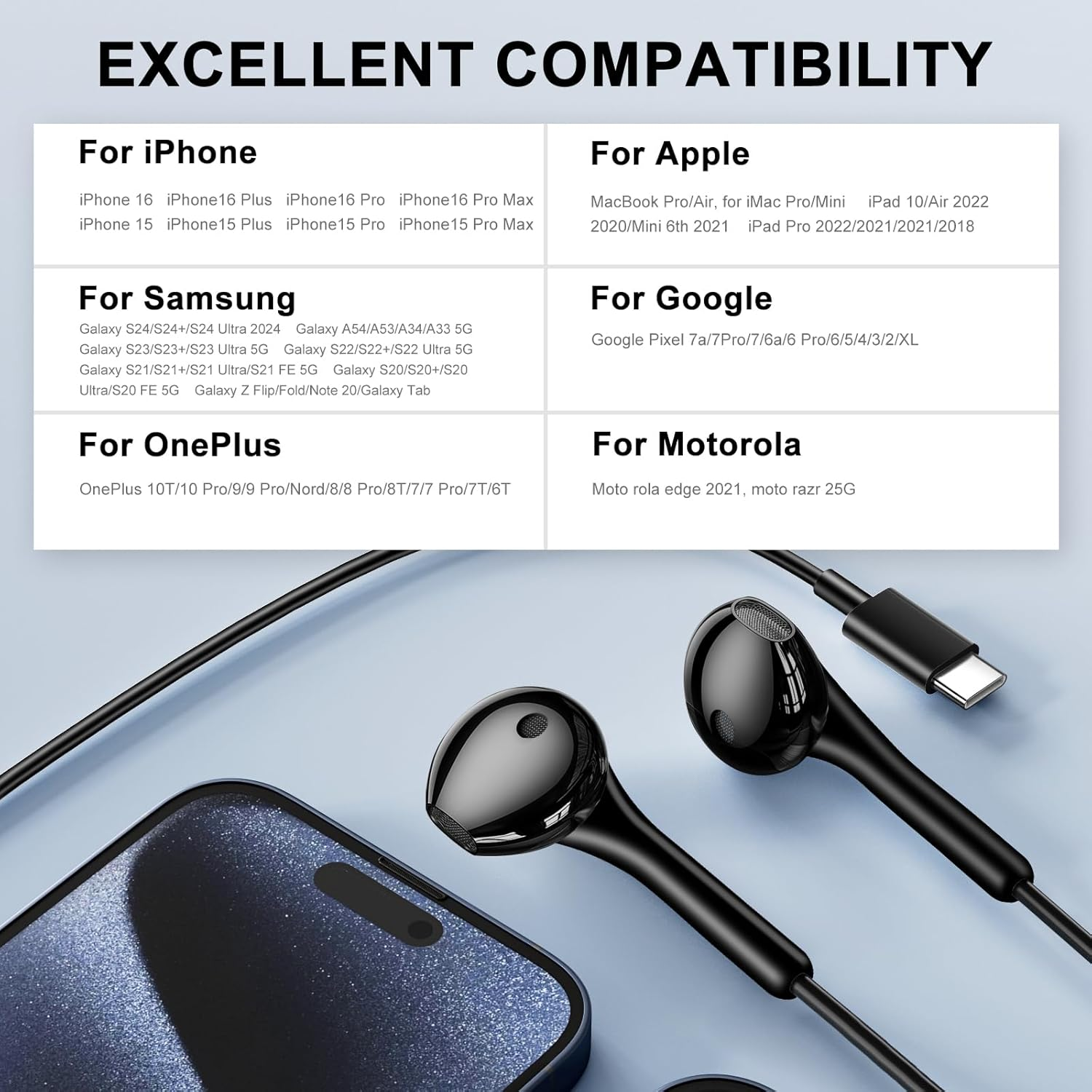 USB C Headphones for Iphone 16 15,Wired Earphones with Mic & Volume Control,Wired Headphones for Samsung S23 FE S22 S21 S20 A53 A54,Hifi Stereo Earbuds for Ipad Pro Pixel 7/6/6A/5/4 Oneplus 9 8（Black） image number 3