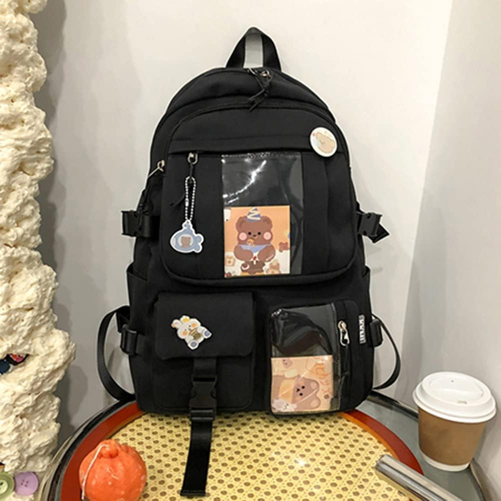 Kawaii Backpack with Pendant, Large Capacity Cute Bear Accessories Backpack for School Multi Pocket Rucksack for Teen Girls Cute Kawaii School Backpacks - Beige image number 7