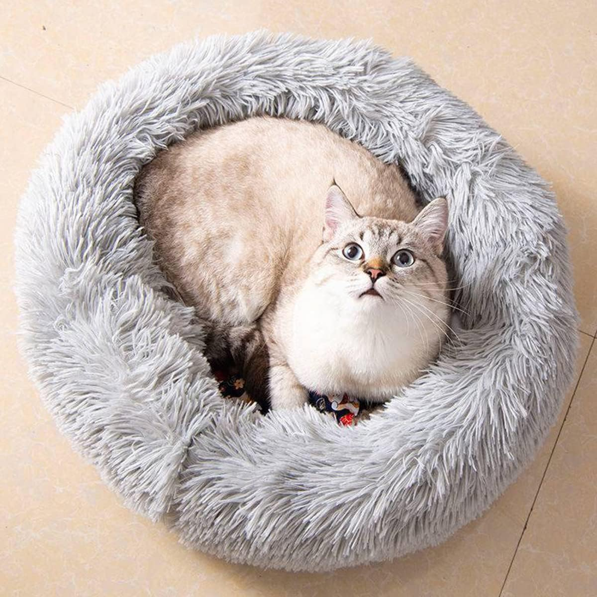 Donut Cat Bed, Faux Plush Dog Beds for Medium Small Dogs - Self Warming Indoor round Pillow Cuddle Washable Dog Bed Cat Bed Diameter16In image number 2