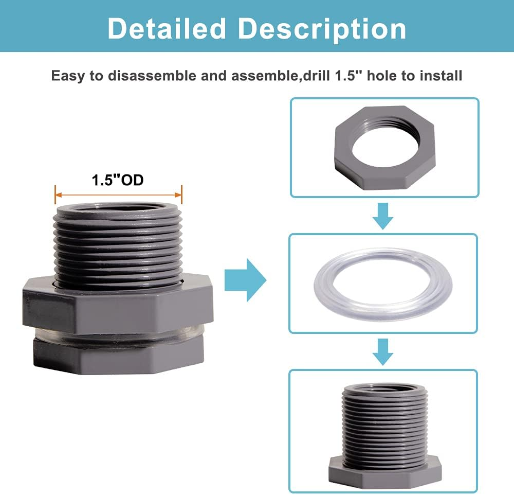 Ququyi 3/4 Inch PVC Bulkhead Water Tank Connector Adapter Fitting with Plugs Thru-Bulk Pipe Fitting for Rain Barrels, Aquariums, Ponds(Set of 1)