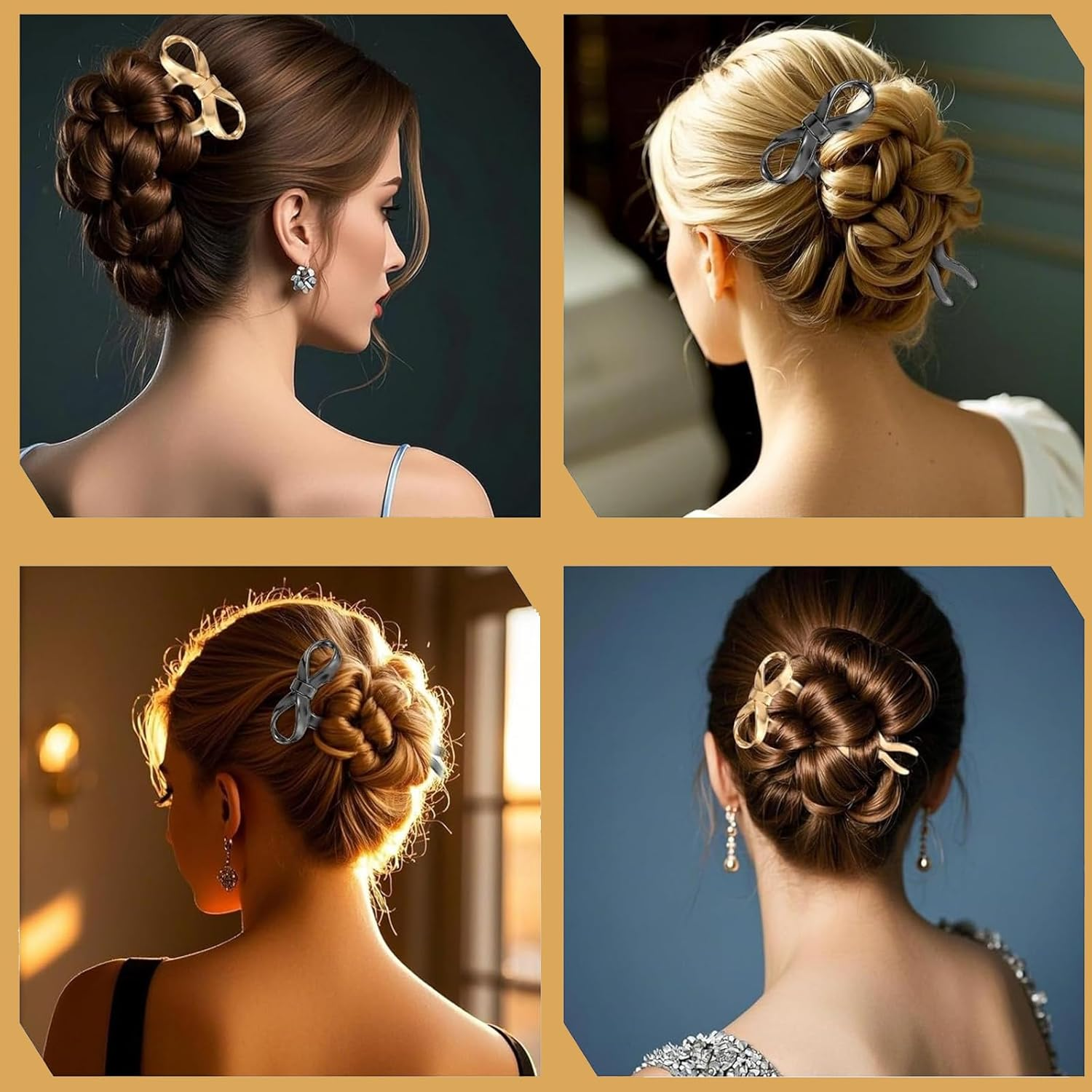 ASOMI 2 Pieces French Bow Hair Forks Vintage Style for Women Large U Shaped Metal Updo Hairpins for Long Thick Hair (Gold, Black) image number 6