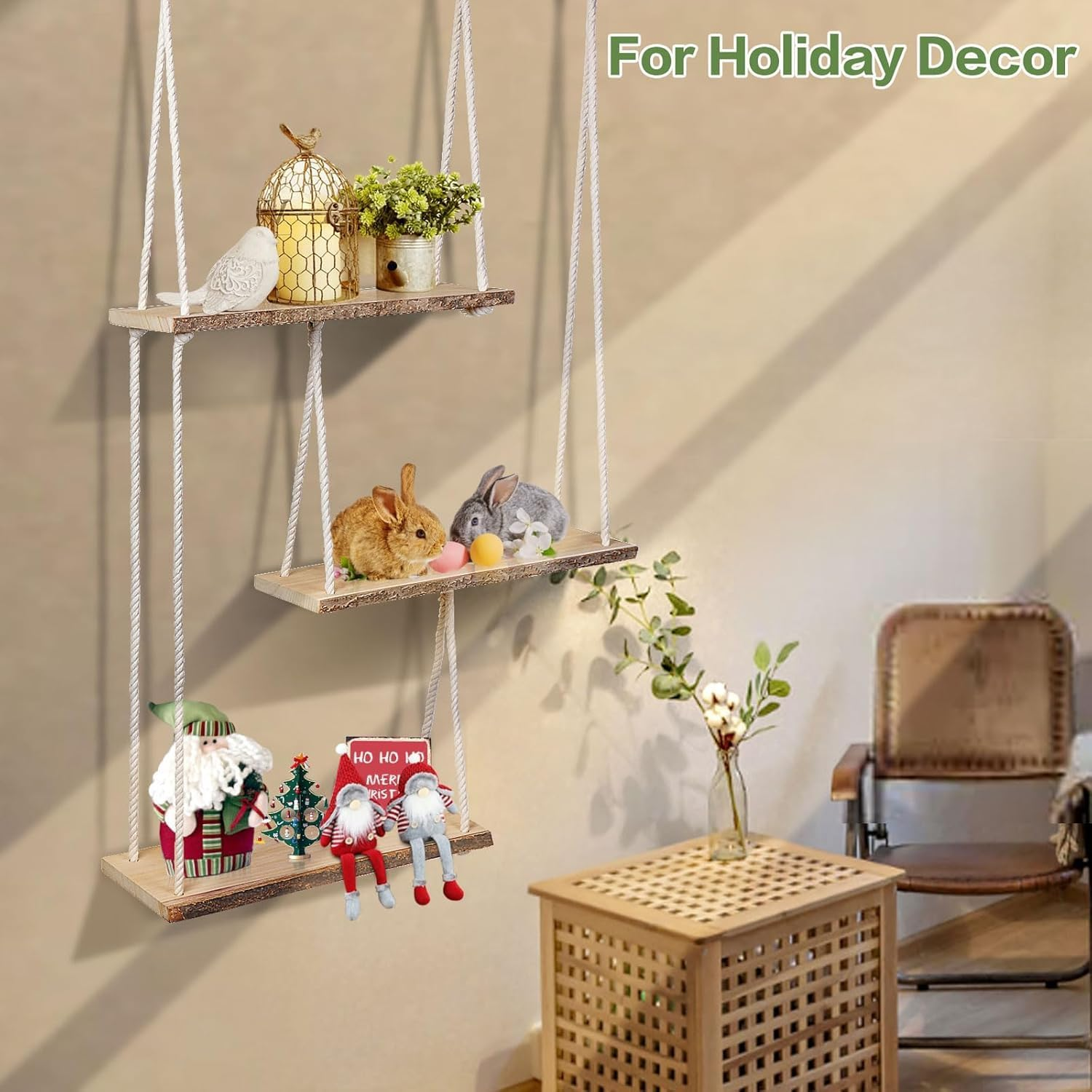 3 Tier Hanging Shelves for Wall,Wall-Mounted Shelf Boho Room Decor Handmade Cotton Rope,Hang Shelf to Walls Shelves for Plant Shelf Indoor Ledge Hang,Floating Racks to Walls image number 3