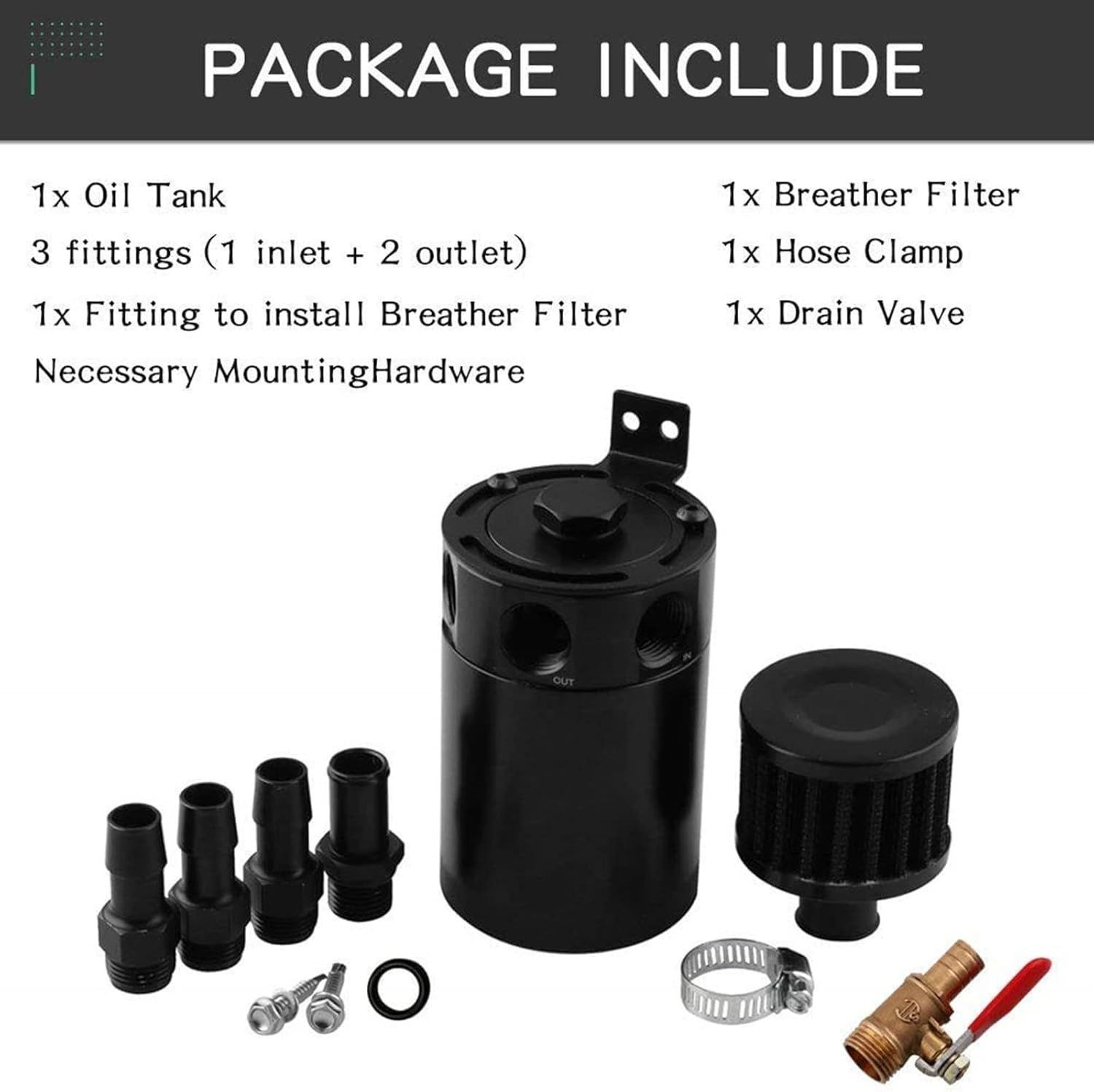 Sporacingrts 3 Port Oil Catch Can, 1 Oulet + 2 Intlet Compact Baffled Engine Oil Reservoir Tank with Breather Filter + Drain Valve image number 6