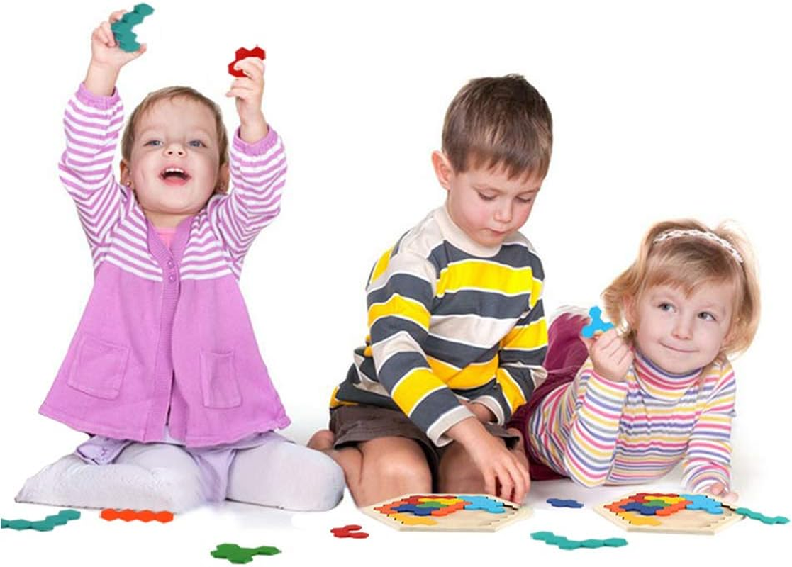 Wooden Brain Teaser Toy for Kids Adults Tangram Jigsaw Intelligence Colorful Hexagon Geometry Logic IQ Game STEM Montessori Educational Toys for All Ages Challenge