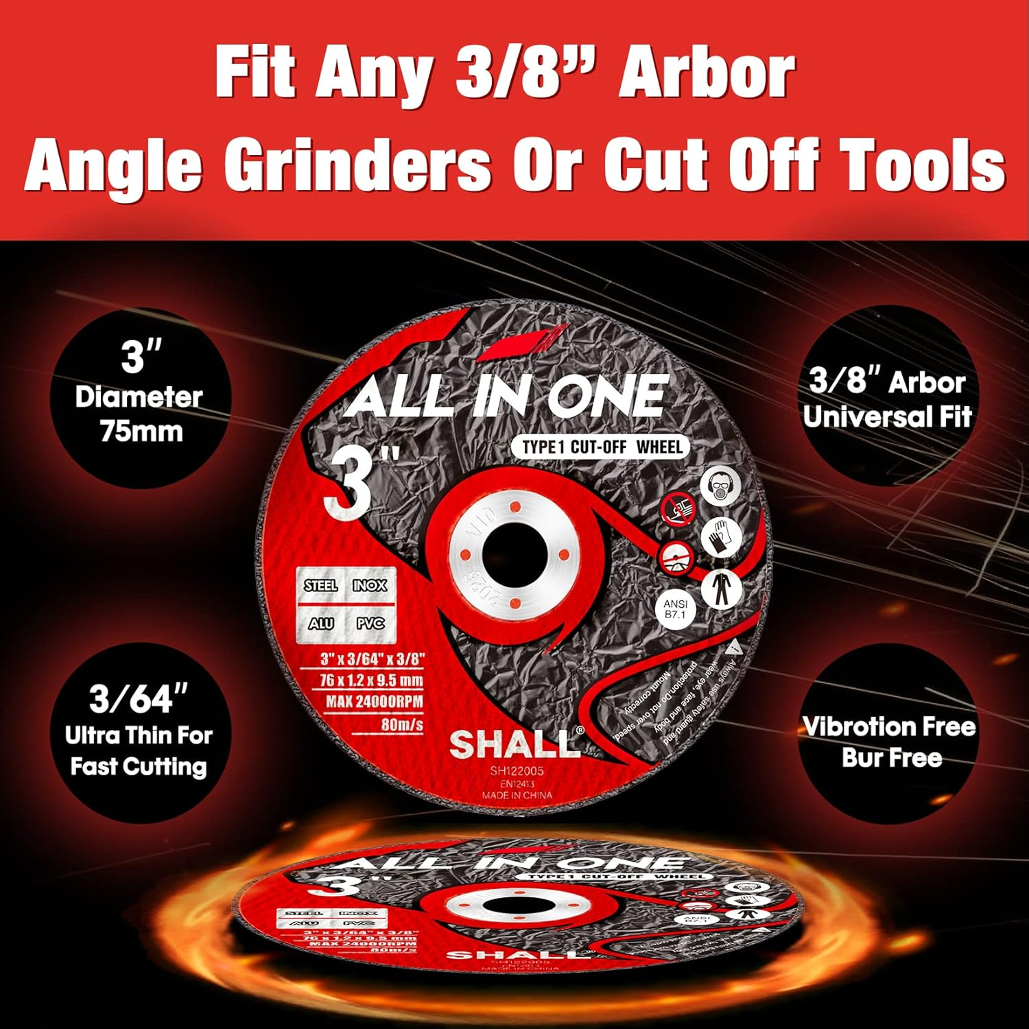 Shall 25-Pack Cut off Wheels 3&rdquo; X 3/8&rdquo; X 3/64&rdquo; - Ultra Thin 75Mm Cutting Wheel with Pouch for Angle Grinder & Cut-Off Tools - Fast Cutting Disc for INOX, Steel, Iron, Non-Ferrous Metal & PVC image number 3