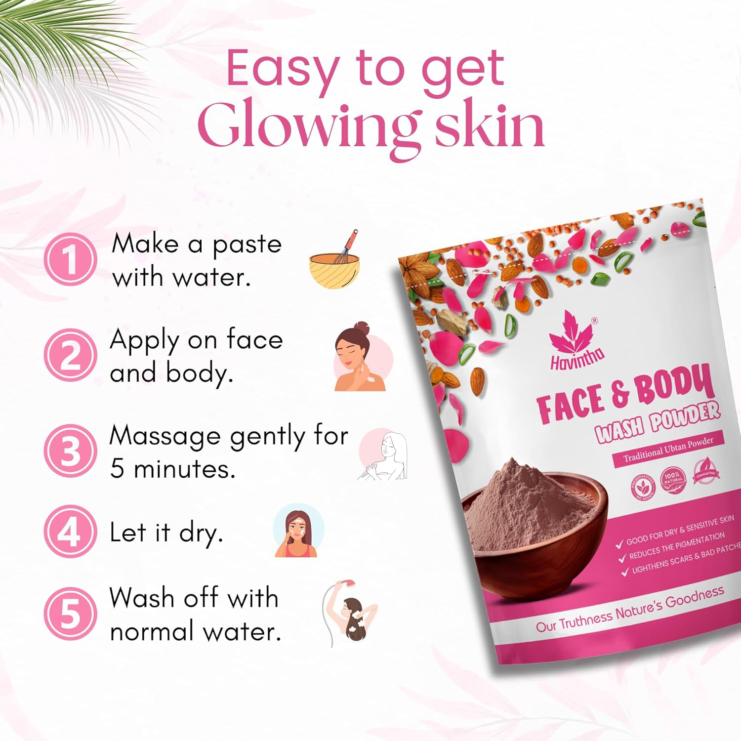 Havintha Natural Face and Body Wash Powder for All Skin Types - 227 Gm image number 6
