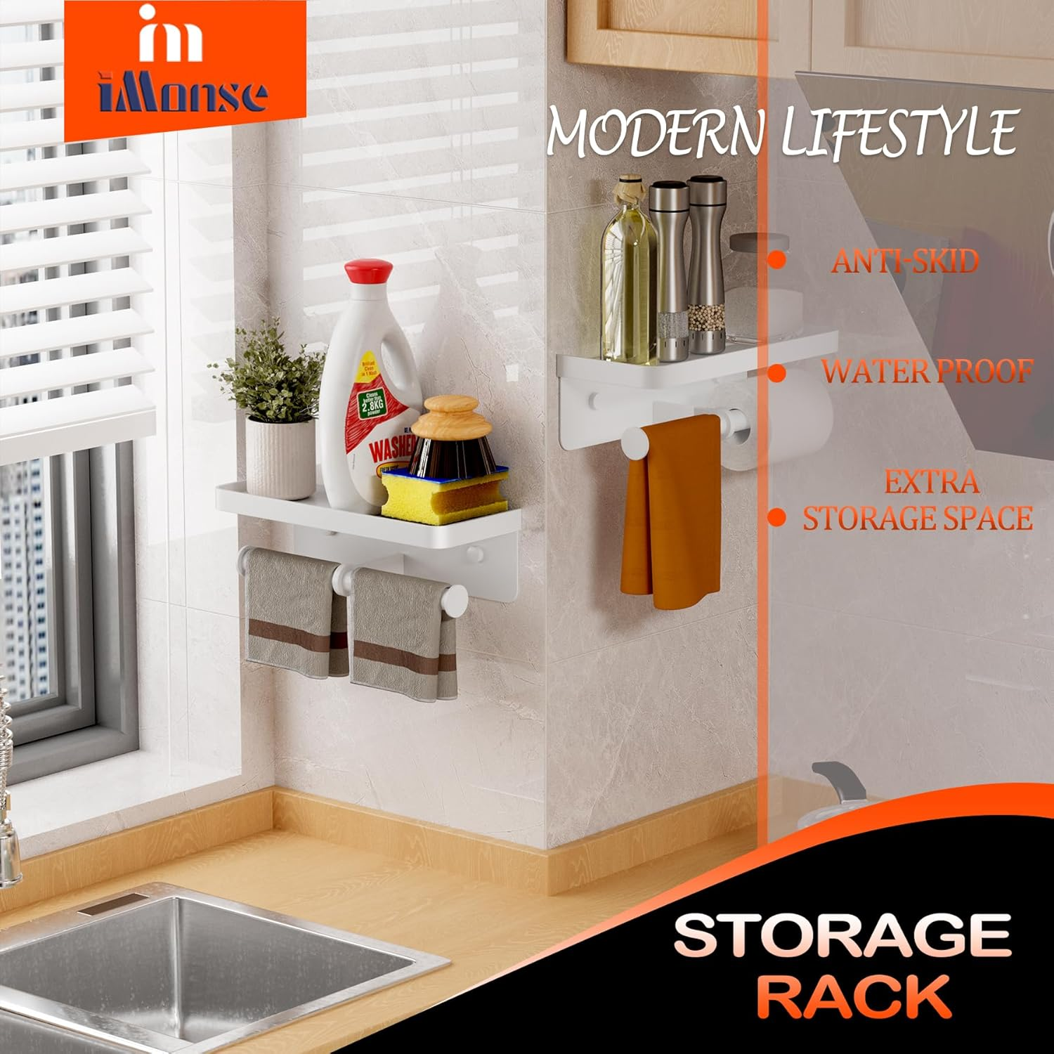 Double Toilet Paper Holder with Shelf, Imonse Paper Towel Holder Wall Mount,Tissue Roll Holder for Bathroom Kitchen RV, Double Tissue Roll Rack with Adhesive & Screw (White) image number 6