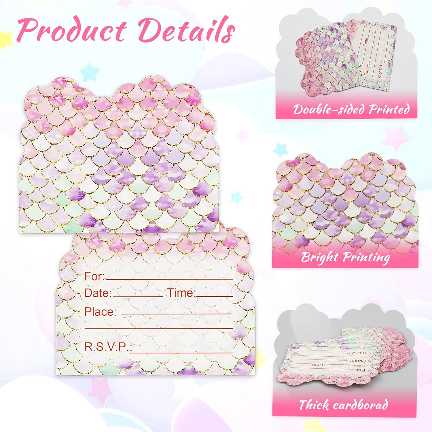 40Pcs Birthday Invitations for Girls, Lovely Mermaid Themed Party Invitations Cards, Kids Party Invitations for Girls Double-Sided Printed (Pink) image number 3