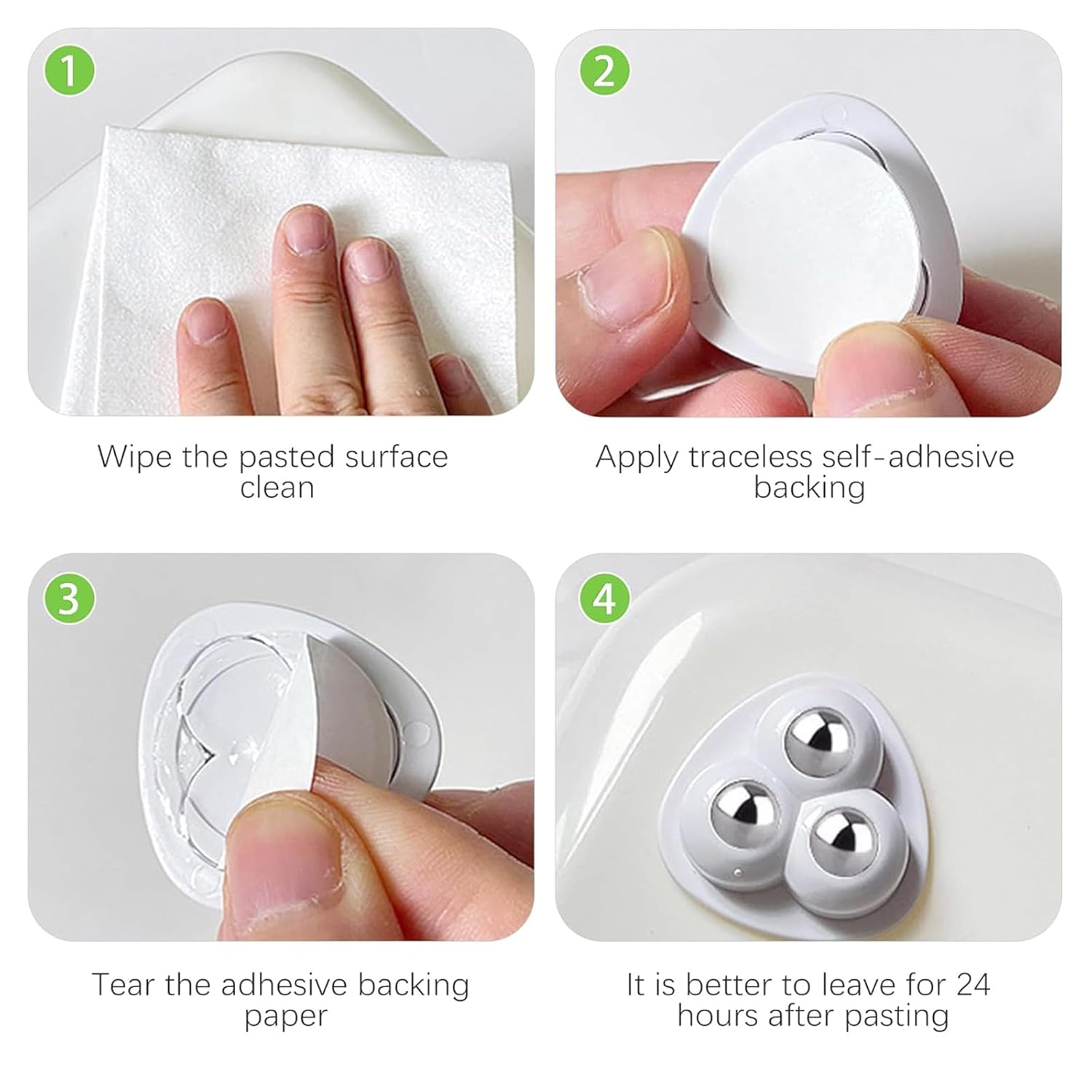 Itadaku 20 Pcs Mini Swivel Casters Wheels, 360&deg; Quiet Rotating Self-Adhesive Castors with 3 Steel Balls for Small Appliances, Furniture, Storage Boxes, Trash Cans, White image number 3