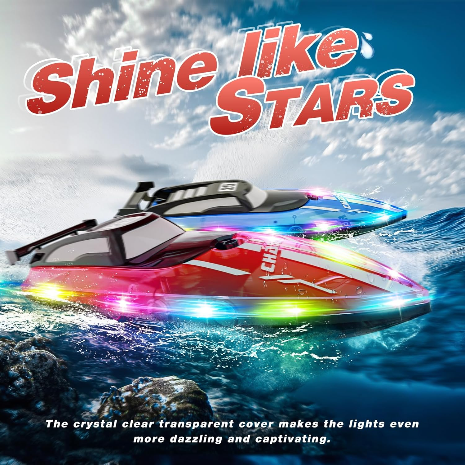 RC Boat with Dazzling LED Lights & US Flag,2.4Ghz Remote Control Racing Boats for Kids 8-12,Toy Water Boat for Pools and Lakes with Waterproof for Boys Girls RED image number 5