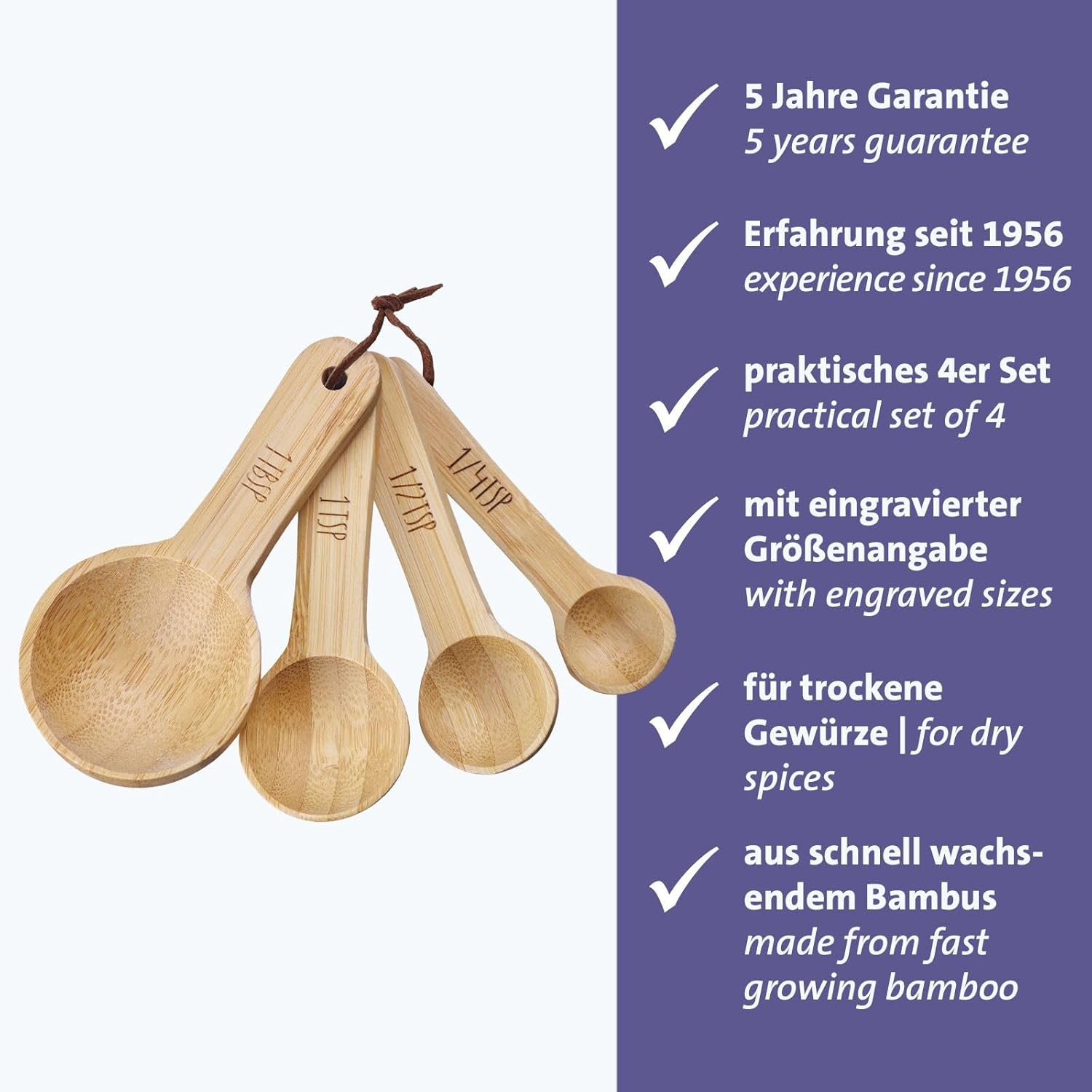 Westmark Woody Measuring Spoons Set - 4 Premium Measuring Spoons with Lettering, Ideal for Dry Ingredients and Spices, 1, 1/2 and 1/4 Teaspoon plus 1 Tbsp - Bamboo, Set of 4