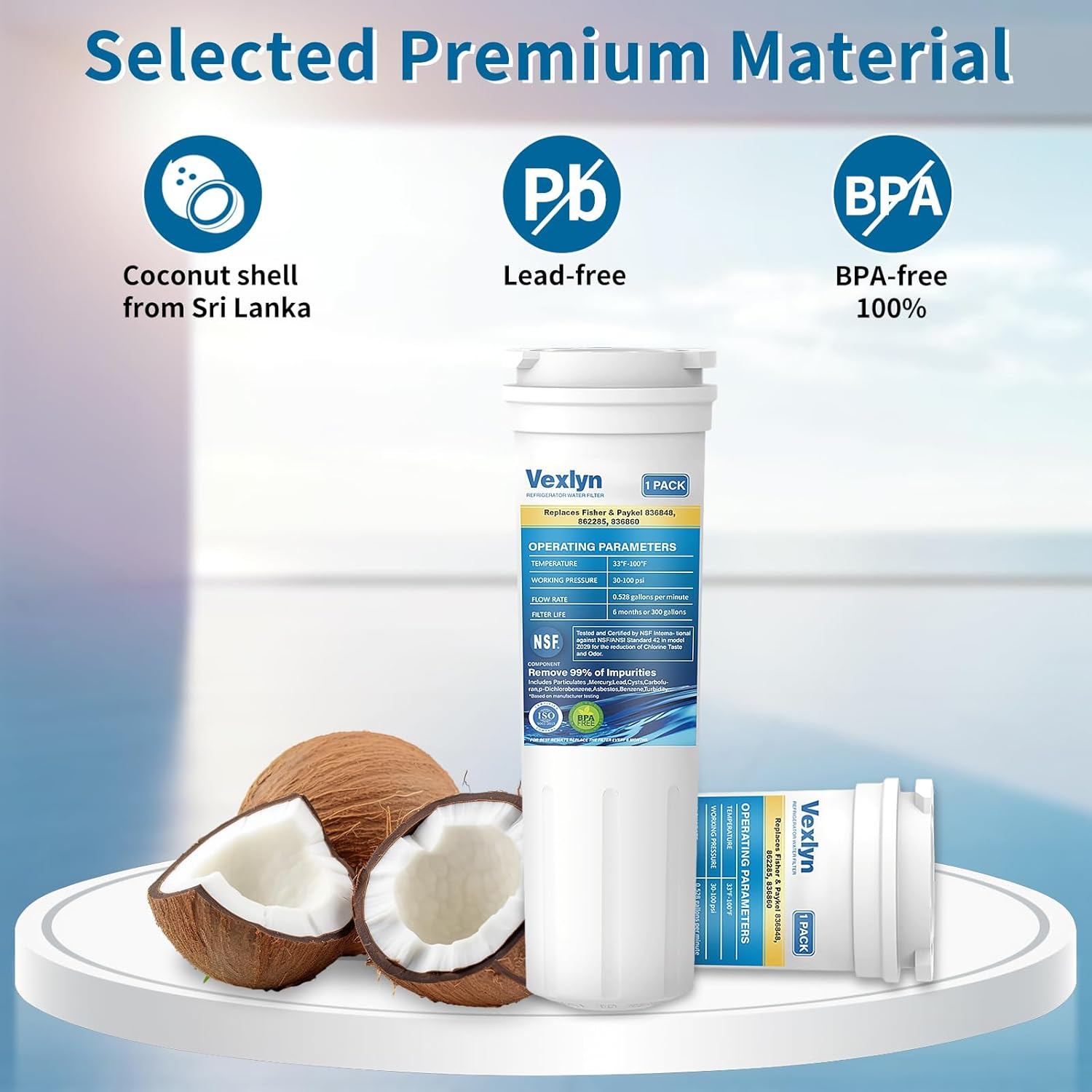 836848 Refrigerator Water Filter Replacement for Fisher&Paykel 836860,862284,862285,E404Brxfdu,Eff-6017A,E522B,E402B,E442B,Rf90A180Du,Ps2067635,Rf402B,Wf60,Wf296,Pack of 2 image number 2