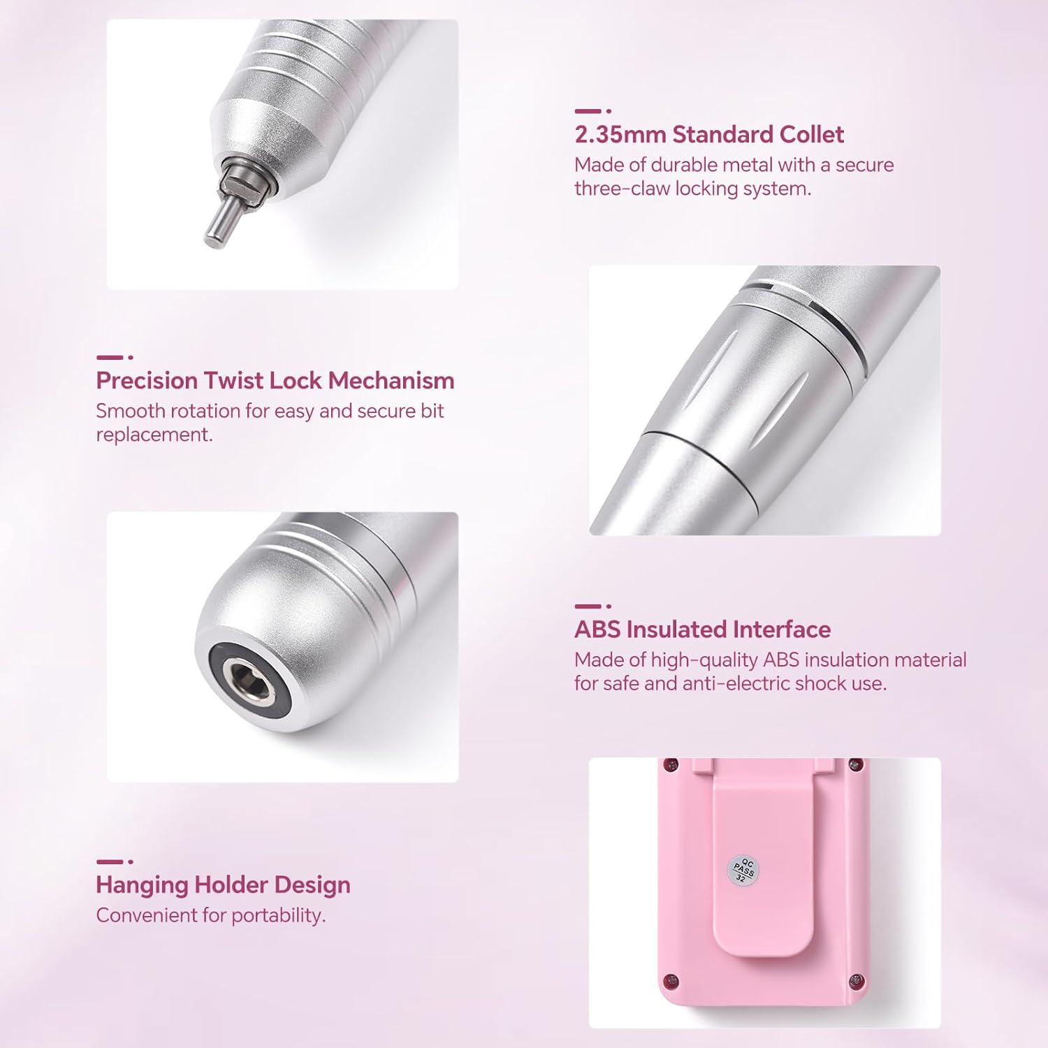 KADS Cordless Electric Nail Drill Machine 45000RPM Rechargeable Electric Nail File for Acrylic Gel Nail Removal Polishing Portable Nail Drill Kit for Nail Salon & Home Manicure Pedicure Tool (Pink)
