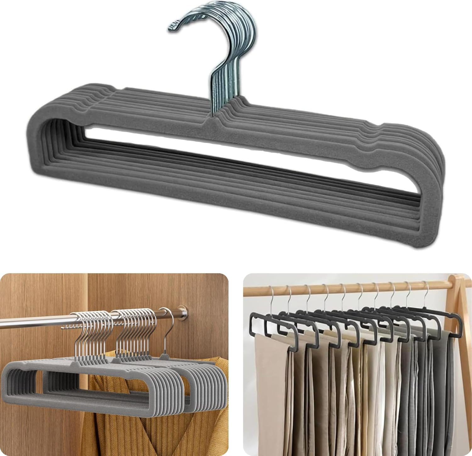 Velvet Trouser Hangers, JOMWEN Pant Hangers Hangers Saving Non Slip,35Cm Extra Strong Trouser Clothes Hangers,Space Saving Non-Slip Pants Hanger for Suit,Dress,Scraf (Black, 10 PCS)