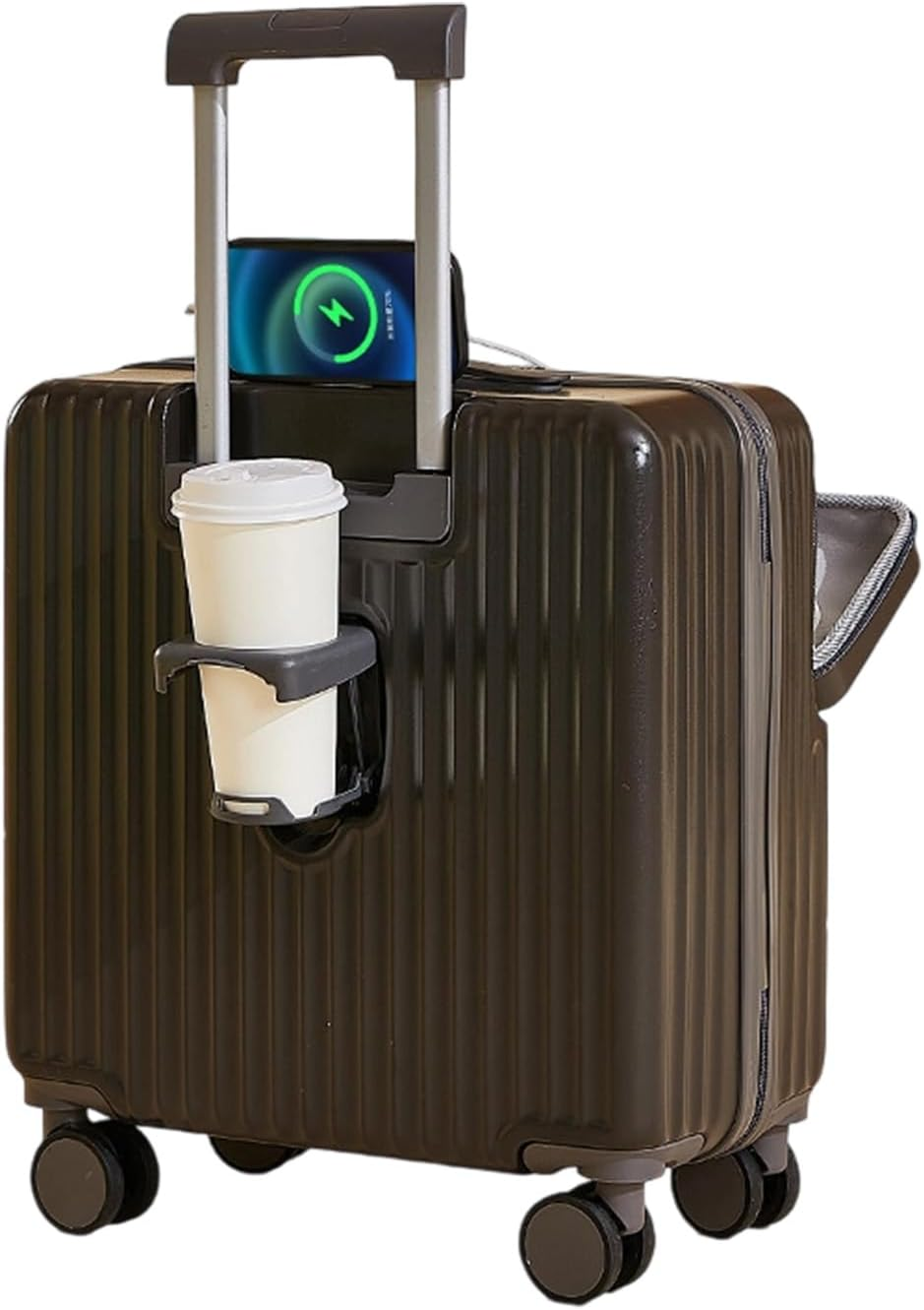 Travel Luggage Small, Carry on Suitcase Hardside, Lightweight Suitcase Spinner 4 Wheels, Front Open Luggage with USB Charger Cup Holder (Black, 18In)