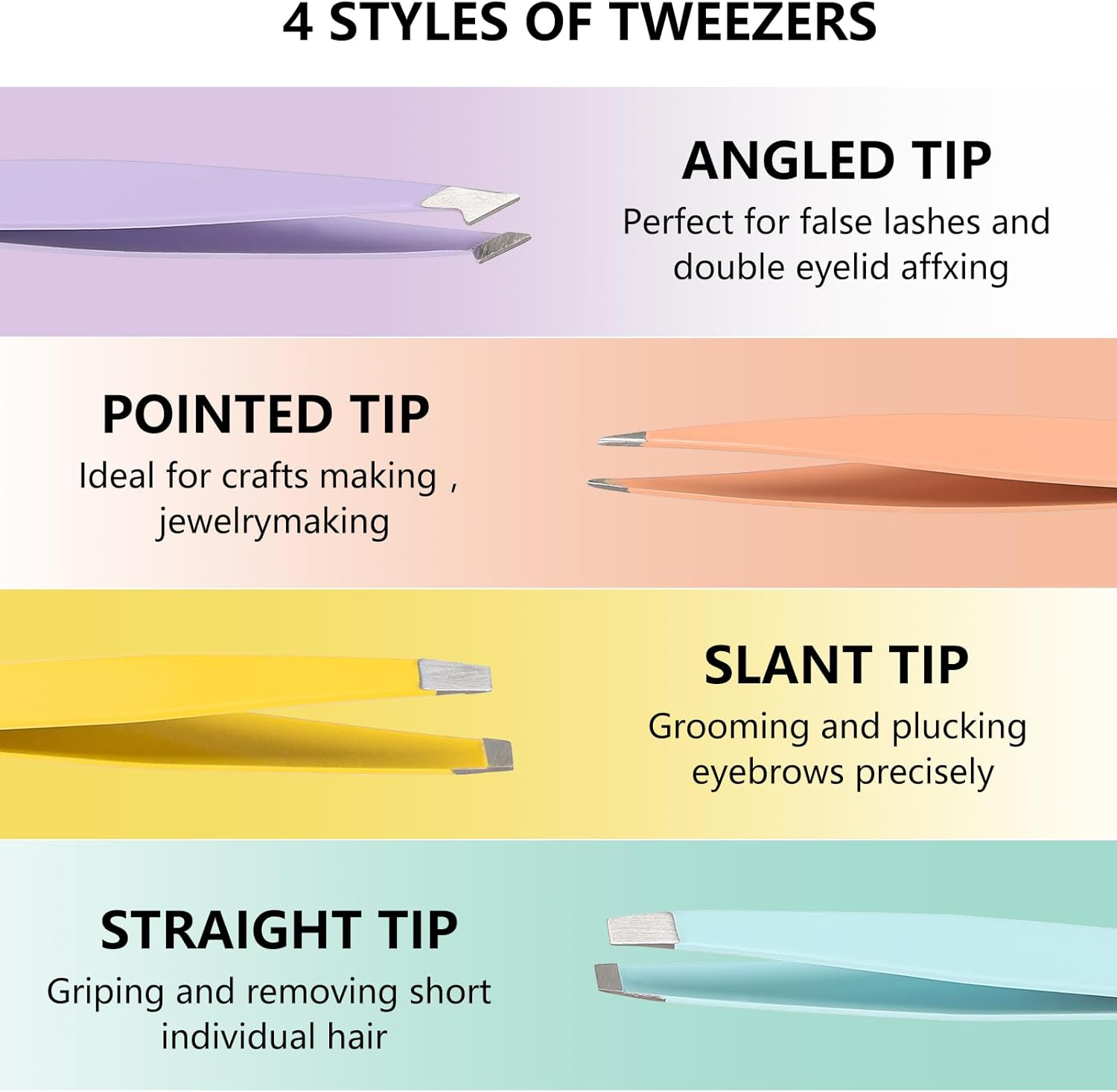 6Pcs Eyebrow Grooming Kit, Stainless Steel Eyebrow Tweezers (4 Types) + Eyebrow Brush + Eyebrow Scissors, Tweezers Set for Eyebrow Trimming, False Eyelashes and Daily Beauty Care image number 4