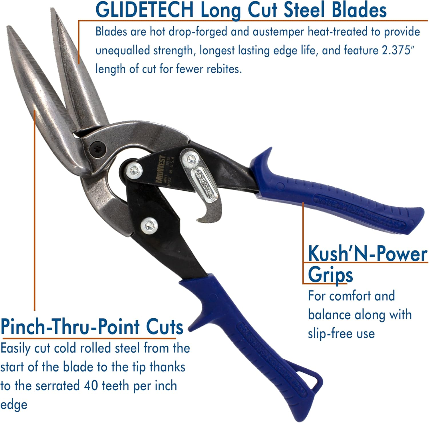 MIDWEST Power Cutters Long Cut Snip - Straight Cut Offset Tin Cutting Shears with Forged Blade & KUSH'N-POWER Comfort Grips - MWT-6516 image number 3