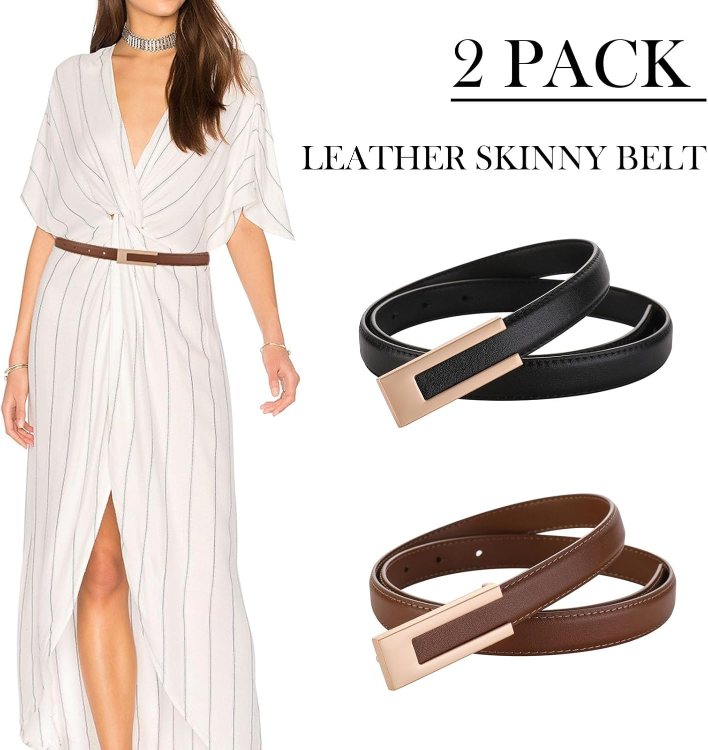 KEYRI Ladies Adjustable Leather Belts for Women Ladies Belts Retro Vintage Belt Women'S Accessories Skinny Belt for Dresse Jeans Buckle Thin Waist Belt Waist Strap Waistband - Black Brown image number 3