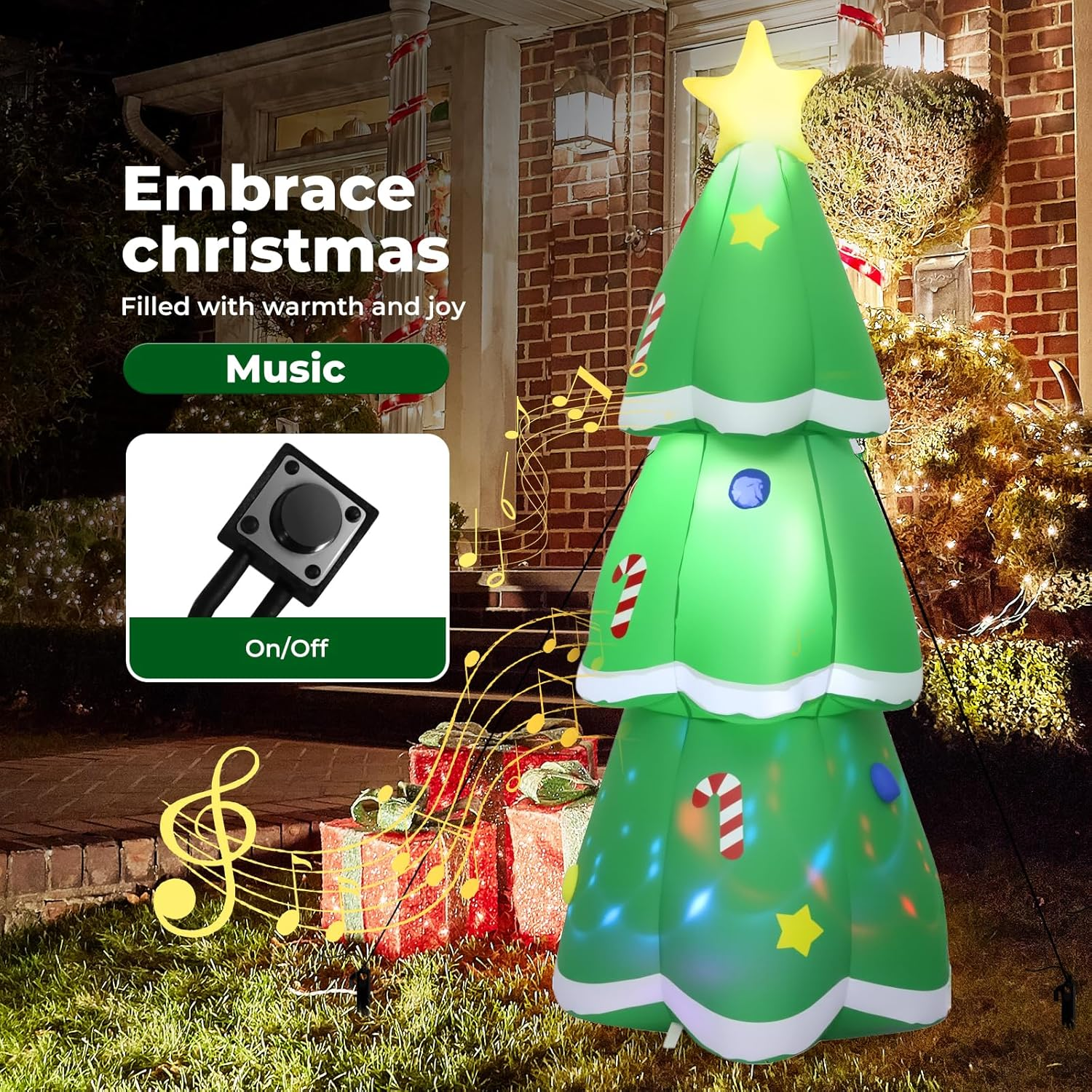 Santaco Christmas Inflatable Xmas Blow up Tree Decoration Built-In Fan, 7-Color Flashing LED Lights & Music,Lighted Star Treetop,For Holiday Party Gifts, Yard, Backyard, Home Garden Decor, 150CM image number 3