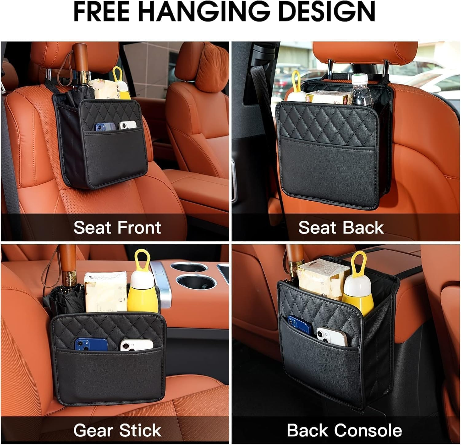 2-Pack Waterproof PU Leather Car Seat Back Organizer - Multi-Pocket Document Holder & Bottle Storage Bag - Travel Tidy Pouch Pocket (Black, One Size) image number 3