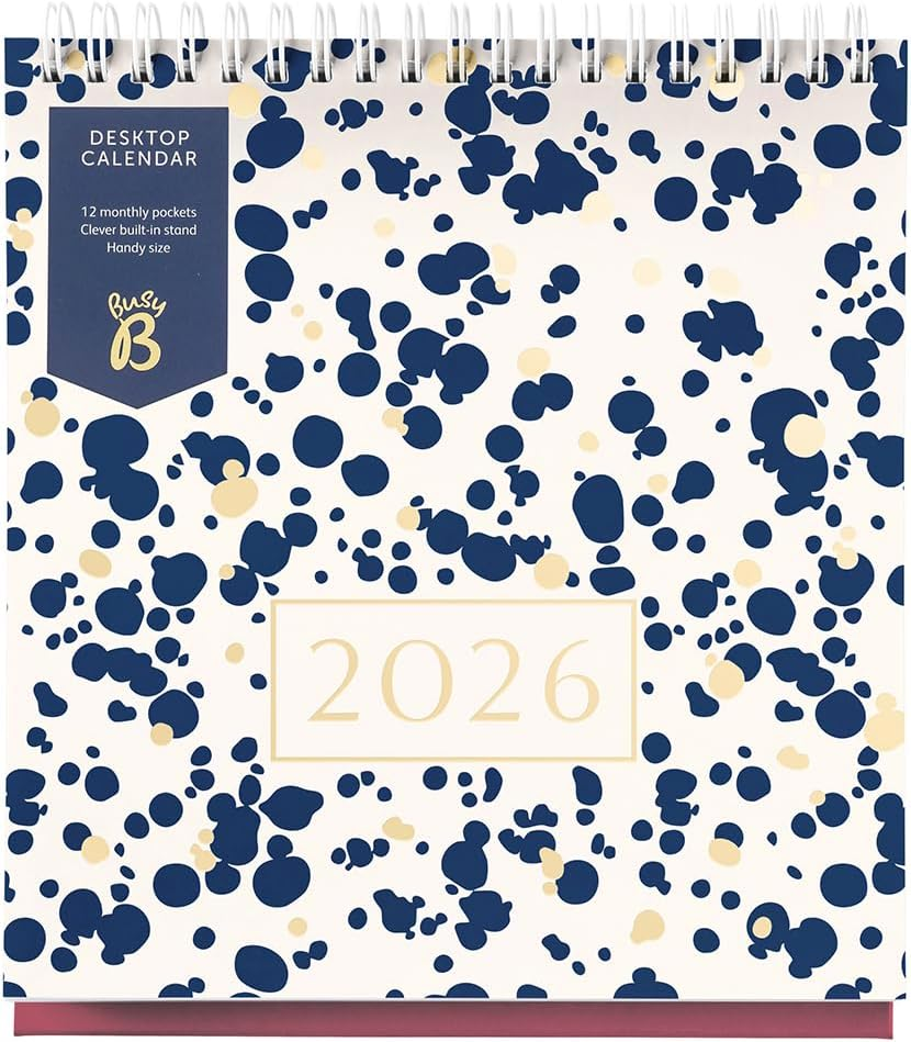 Busy B 2026 Desk Calendar &ndash; Jan to Dec, Navy Spray 2026 Calendar with Built-In Stand & Flip-Top Binding Dessk Calendar for Office or Home - Year Planner with Pockets for Organised Planning